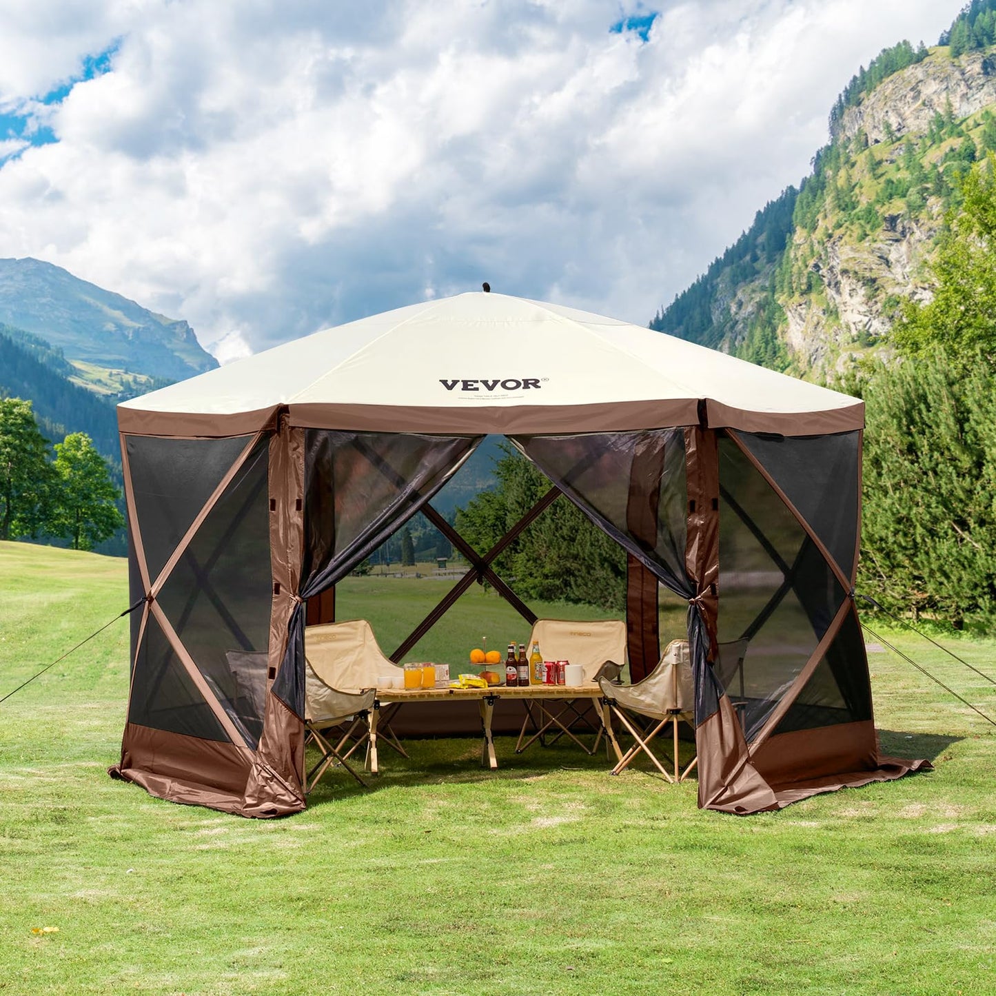 VEVOR Pop Up Gazebo Screen Tent 6 Sided Canopy Sun Shelter with 6 Removable Privacy Wind Cloths & Mesh Windows, 10x10FT Quick Set Screen Tent with Mosquito Netting, Army Green