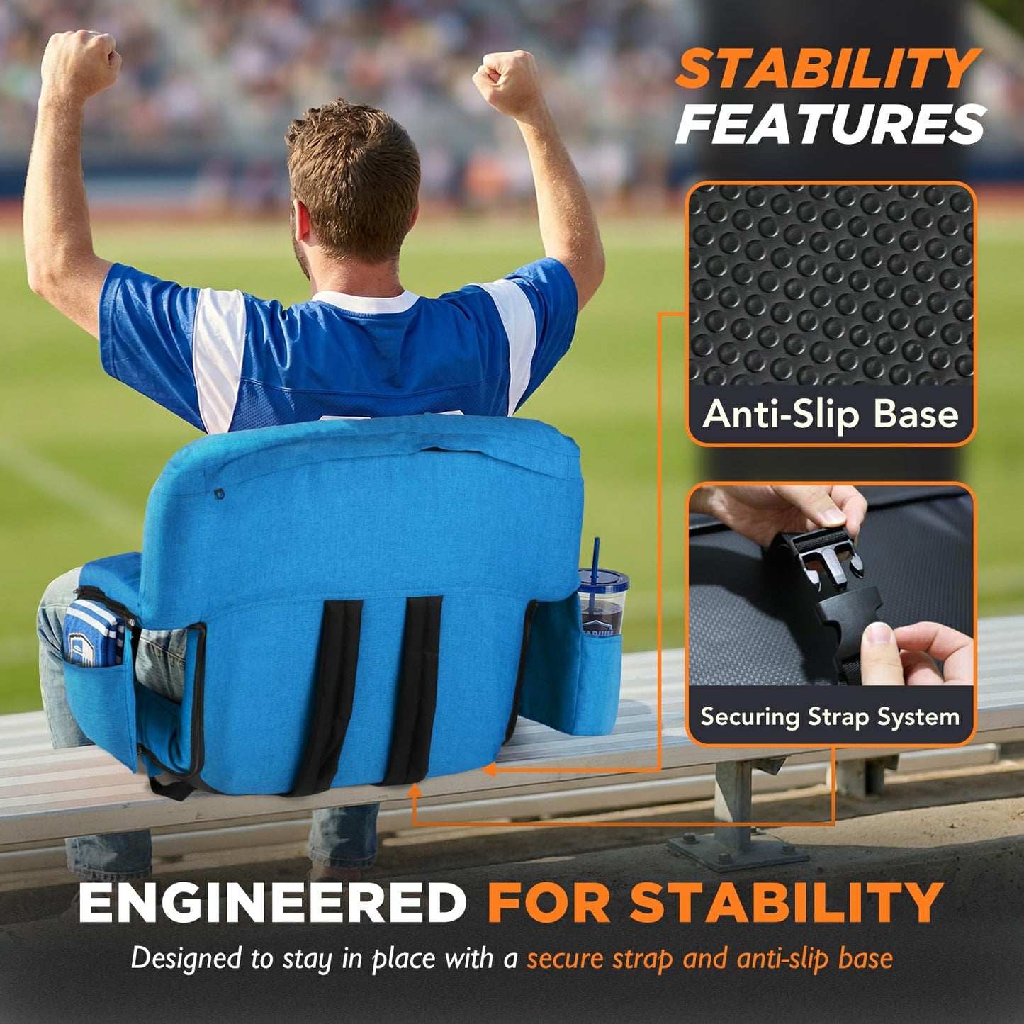 Stadium Seats with Back Support 2 Pack, 12-Grid Ergonomic 4.7" Thick Bleacher Chairs for All-Day Comfort, 6 Reclining Positions, Portable Extra Wide Adjustable Stadium Chair for Football & Baseball