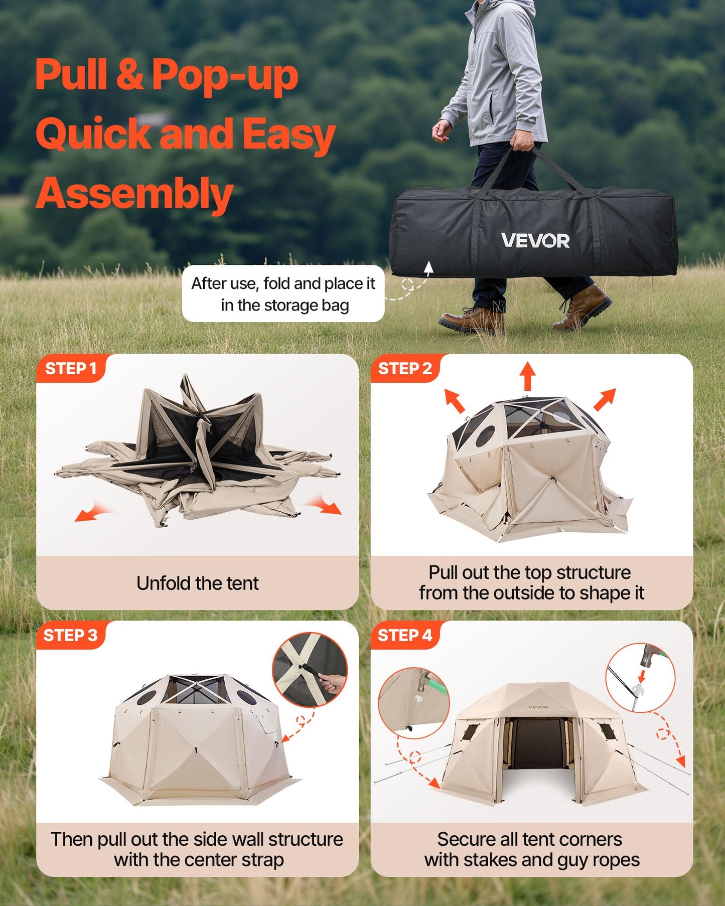 VEVOR Pop Up Gazebo Screen Tent 6 Sided Canopy Sun Shelter with 6 Removable Privacy Wind Cloths & Mesh Windows, 10x10FT Quick Set Screen Tent with Mosquito Netting, Army Green