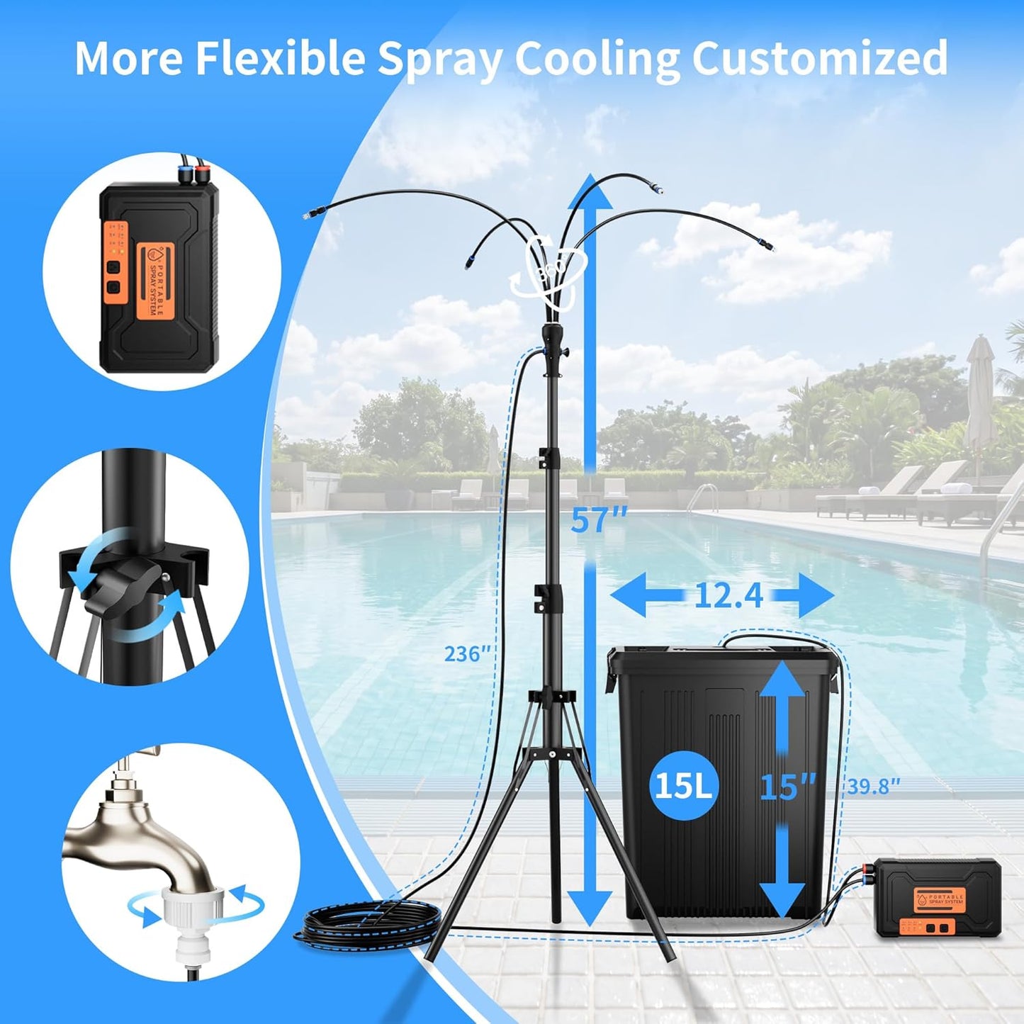 WESTTREE Standing Misters for Outside Patio, 4 Gallon Large Bucket Water Mister & Pump, 4+4 Spray Modes,Adjustable Height15FT Patio Portable Misters for Cooling Outdoor Camping Pool Backyard Garden