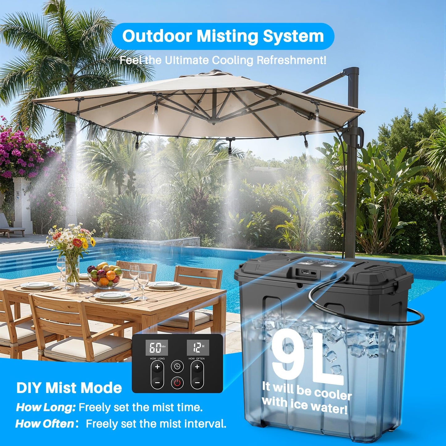 Ausic Portable Misting System, Outdoor Misters for Outside Patio Cooling, 9L Bucket with Built-in 10000mAh Battery & PCS Pump, for Outdoor Sports/Patio/Umbrella/Pasture/Greenhouse/Canopy/Camping
