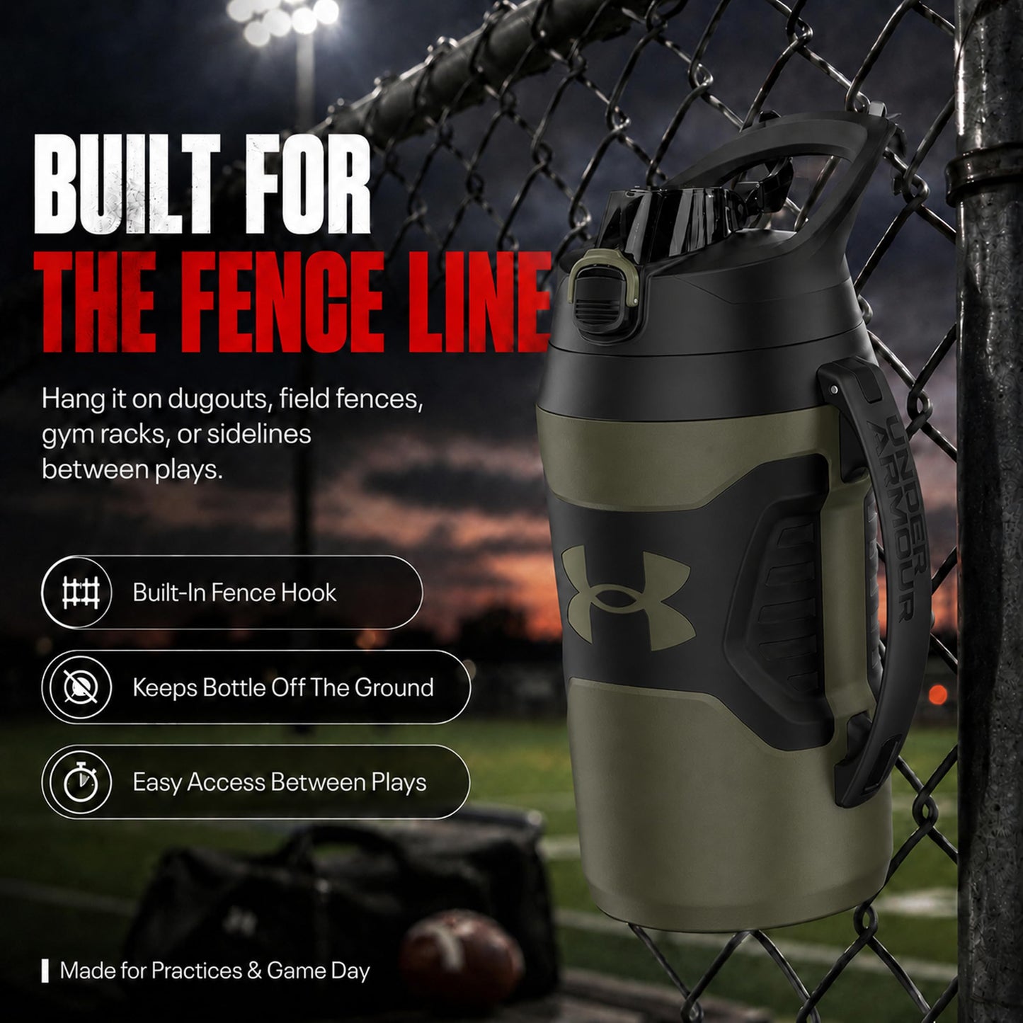Under Armour Insulated Water Bottle with Handle & Fence Hook, Half Gallon Sports Water Jug, Leak-Resistant & BPA-Free for Baseball, Football & Gym - Black/Black, 64oz