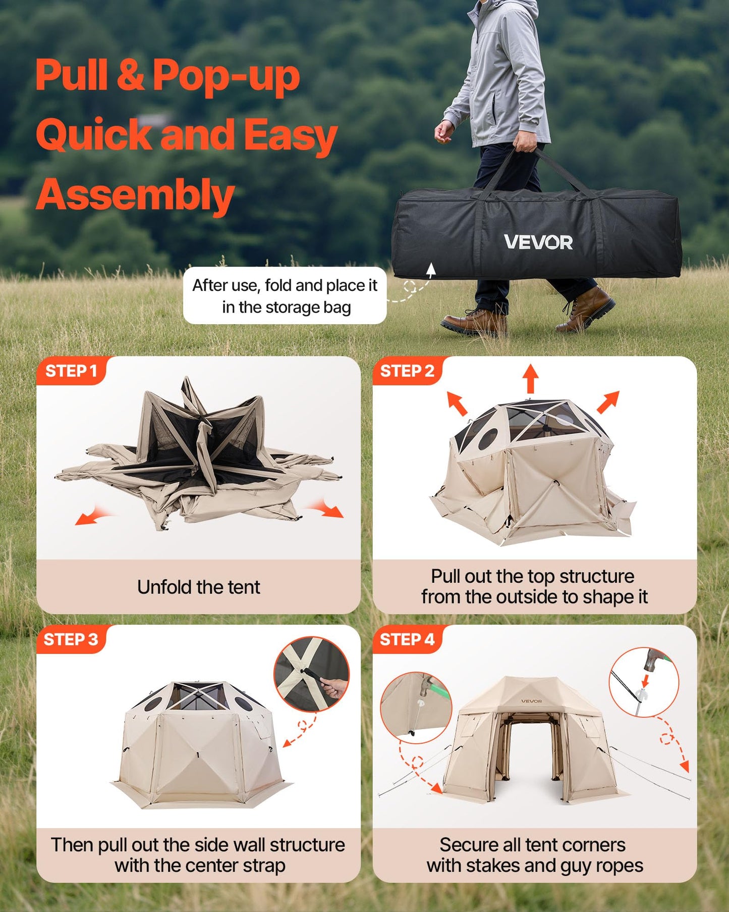 VEVOR Pop Up Gazebo Screen Tent 6 Sided Canopy Sun Shelter with 6 Removable Privacy Wind Cloths & Mesh Windows, 10x10FT Quick Set Screen Tent with Mosquito Netting, Army Green