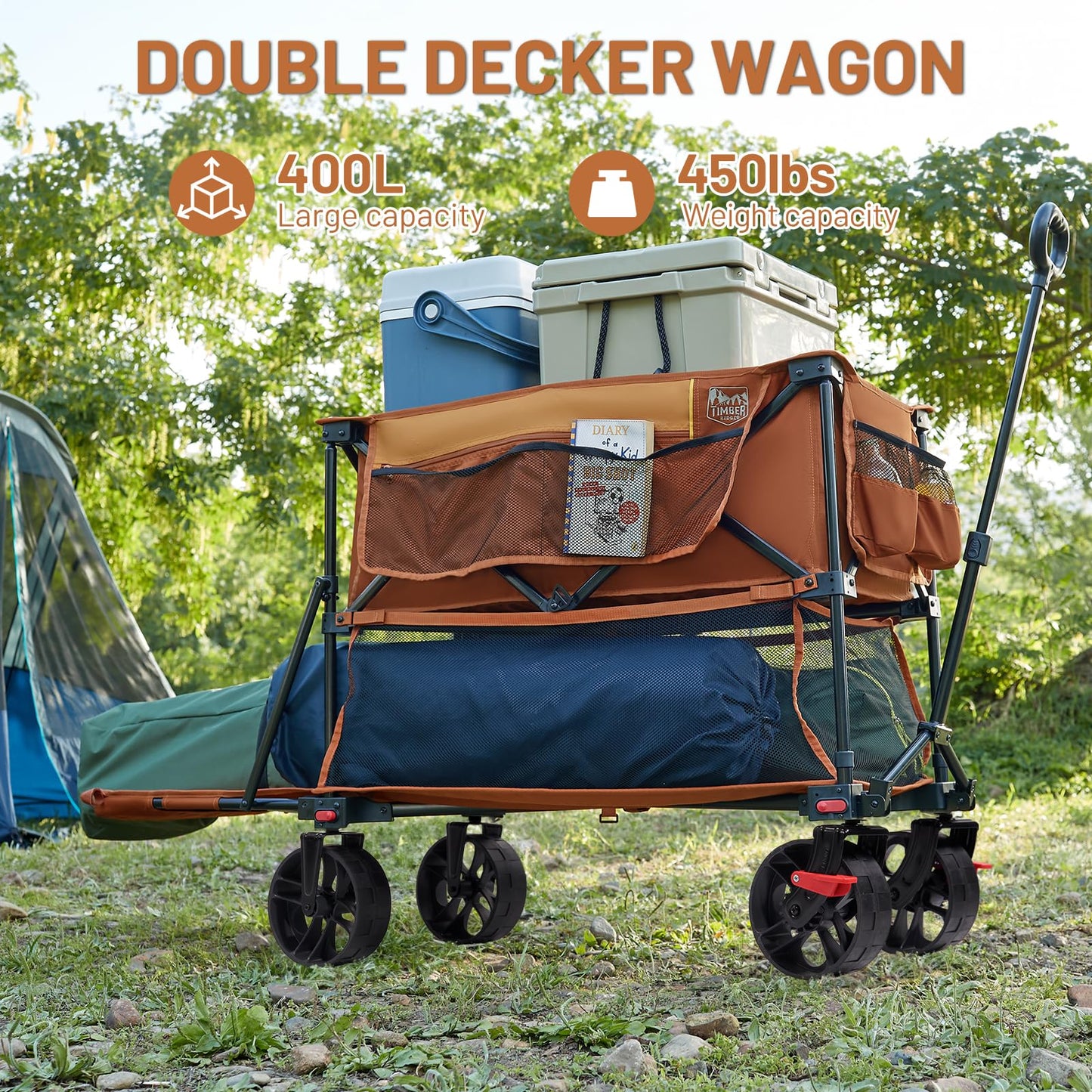 TIMBER RIDGE 400L Large Capacity Folding Double Decker Wagon with Brakes, 54" Extra Long Extender Wagon Cart, 450lbs Heavy Duty Collapsible Cart, All-Terrain Big Wheels for Camping, Sports, Shopping