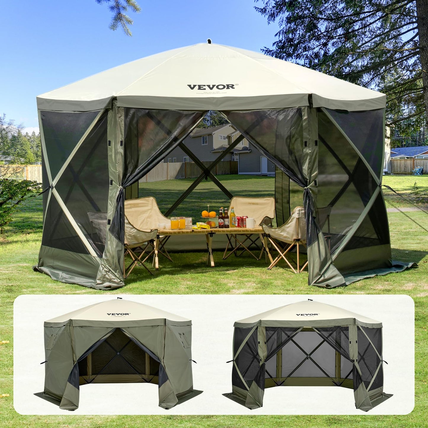 VEVOR Pop Up Gazebo Screen Tent 6 Sided Canopy Sun Shelter with 6 Removable Privacy Wind Cloths & Mesh Windows, 10x10FT Quick Set Screen Tent with Mosquito Netting, Army Green