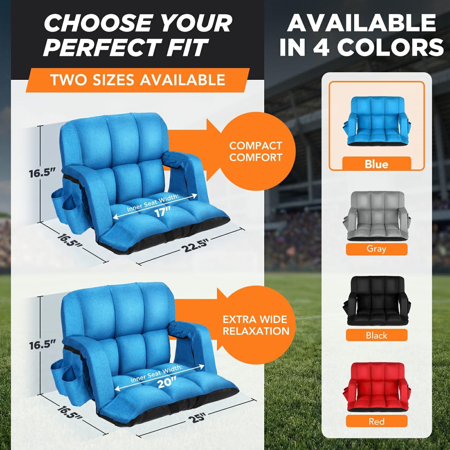 Stadium Seats with Back Support 2 Pack, 12-Grid Ergonomic 4.7" Thick Bleacher Chairs for All-Day Comfort, 6 Reclining Positions, Portable Extra Wide Adjustable Stadium Chair for Football & Baseball