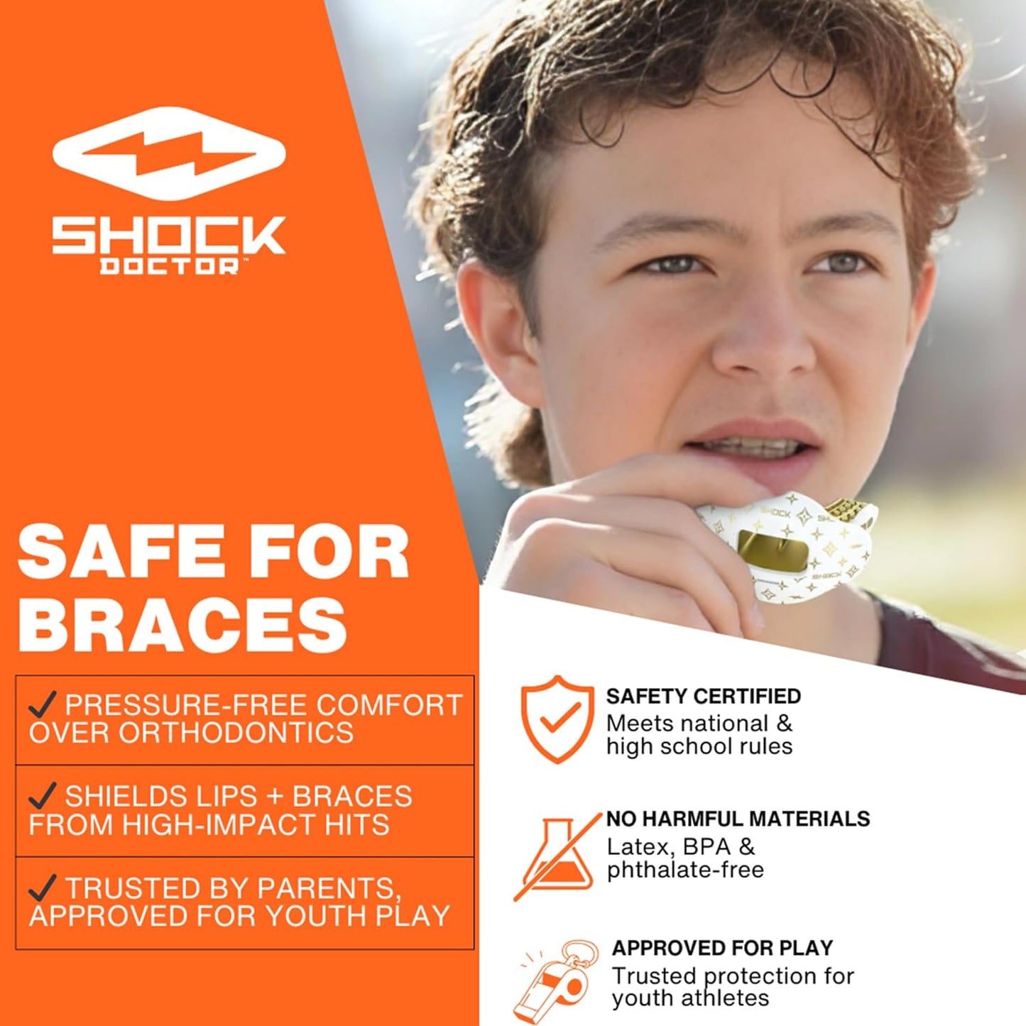 Shock Doctor Football Lip Guard Mouthpiece with Strap – Breathable, Wide Opening – Adult & Youth OSFA