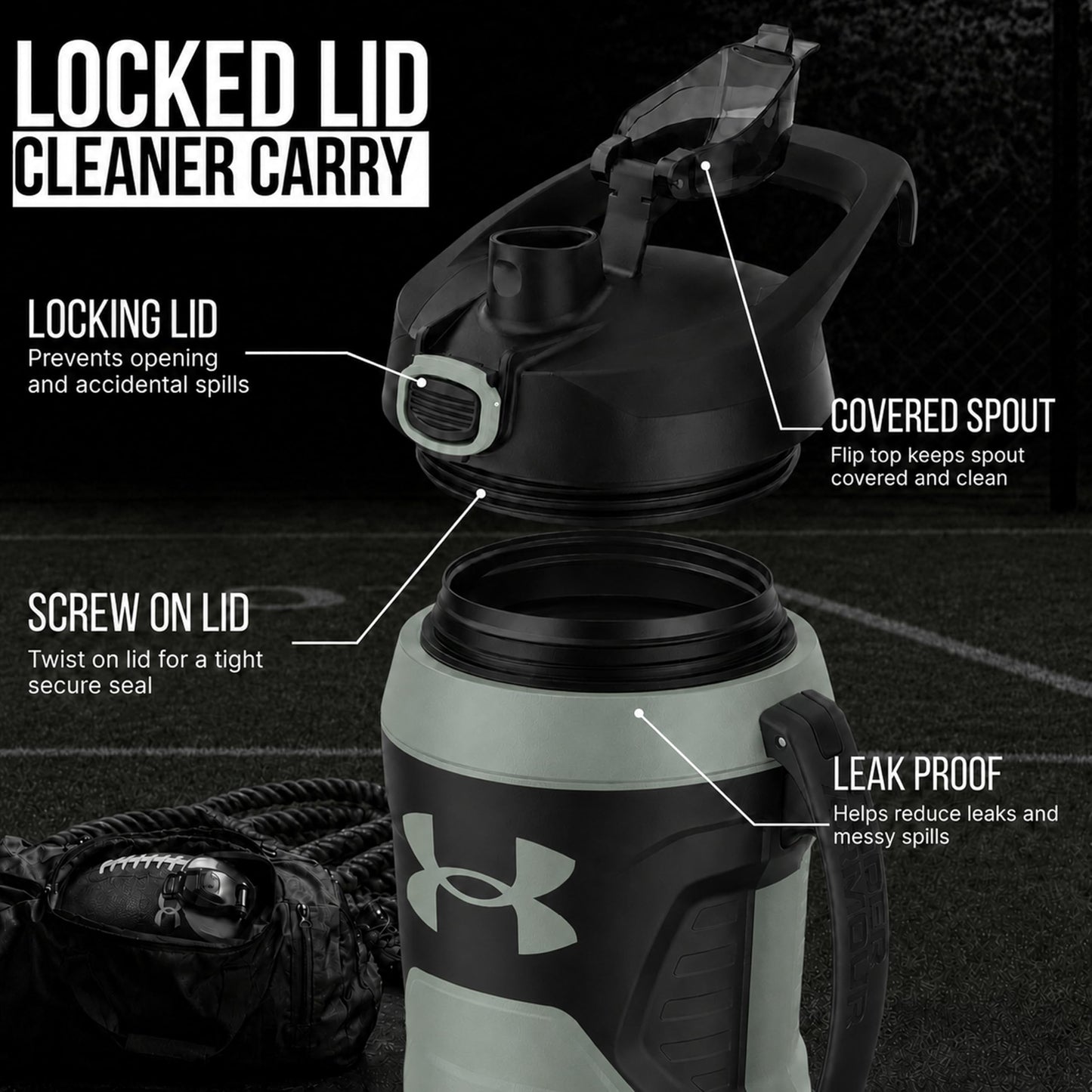 Under Armour Insulated Water Bottle with Handle & Fence Hook, Half Gallon Sports Water Jug, Leak-Resistant & BPA-Free for Baseball, Football & Gym - Black/Black, 64oz
