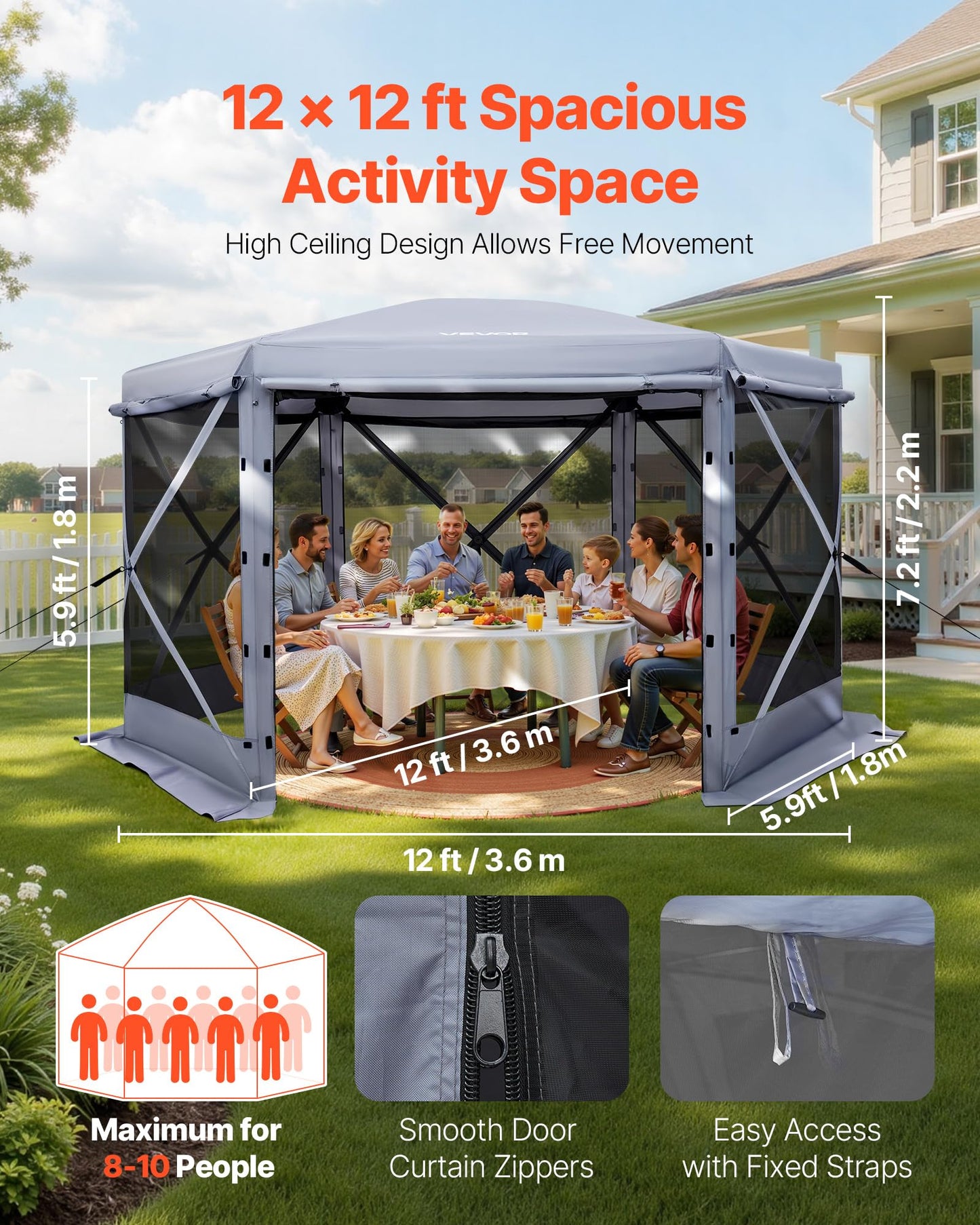 VEVOR Pop Up Gazebo Screen Tent 6 Sided Canopy Sun Shelter with 6 Removable Privacy Wind Cloths & Mesh Windows, 10x10FT Quick Set Screen Tent with Mosquito Netting, Army Green