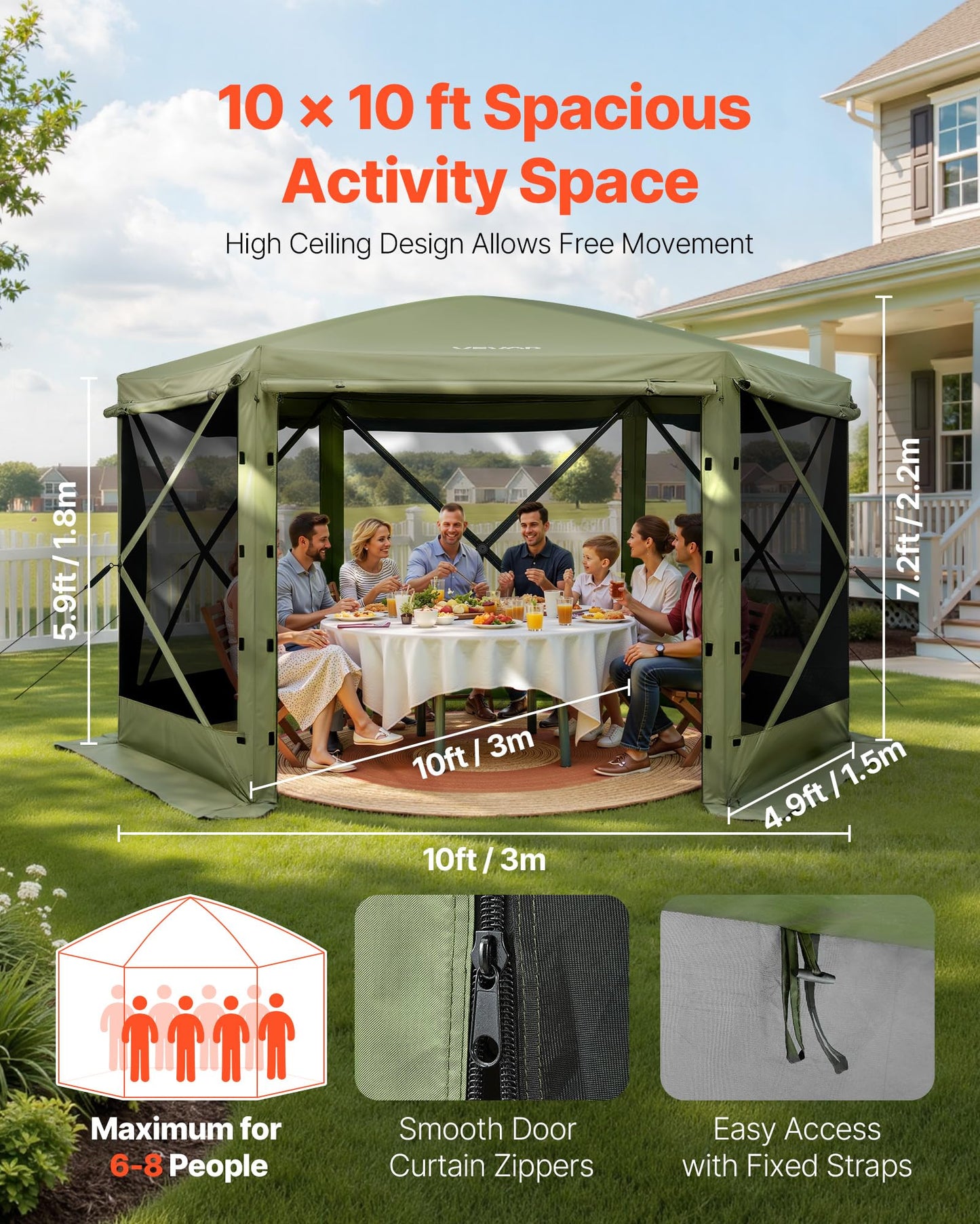 VEVOR Pop Up Gazebo Screen Tent 6 Sided Canopy Sun Shelter with 6 Removable Privacy Wind Cloths & Mesh Windows, 10x10FT Quick Set Screen Tent with Mosquito Netting, Army Green