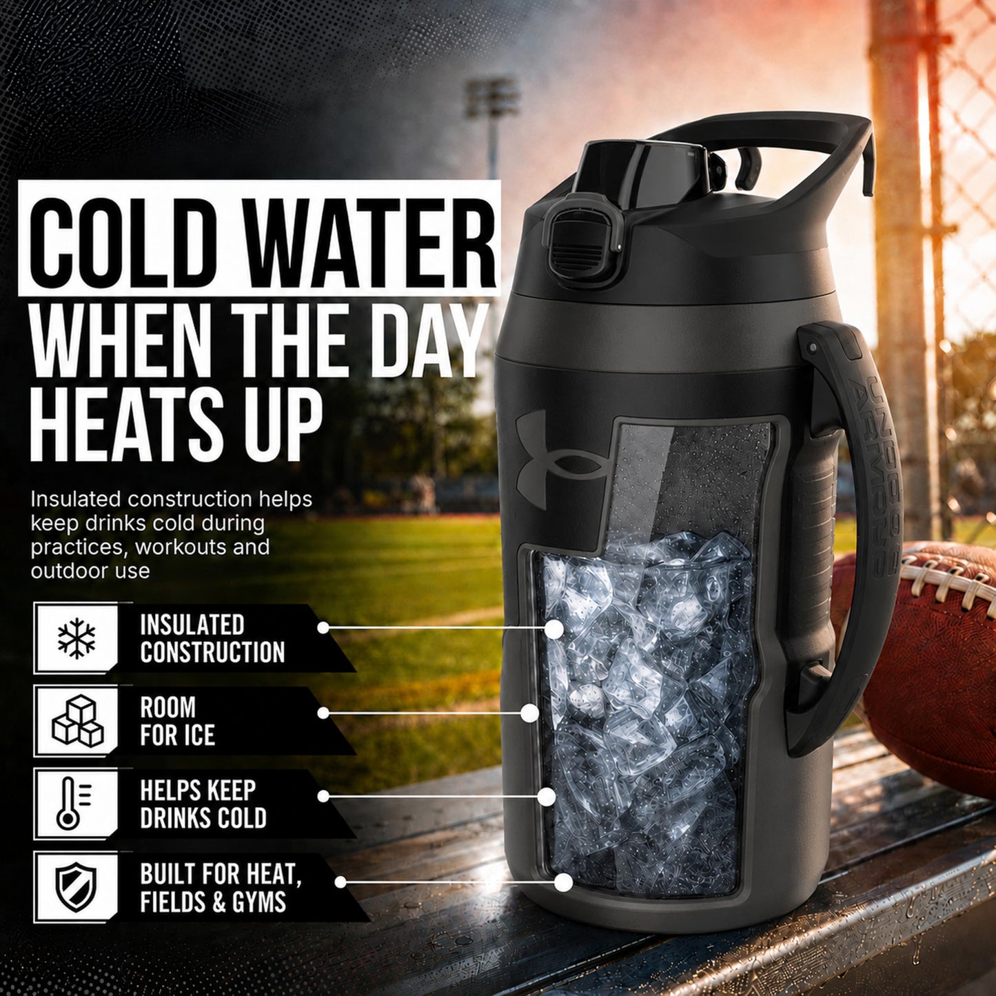Under Armour Insulated Water Bottle with Handle & Fence Hook, Half Gallon Sports Water Jug, Leak-Resistant & BPA-Free for Baseball, Football & Gym - Black/Black, 64oz