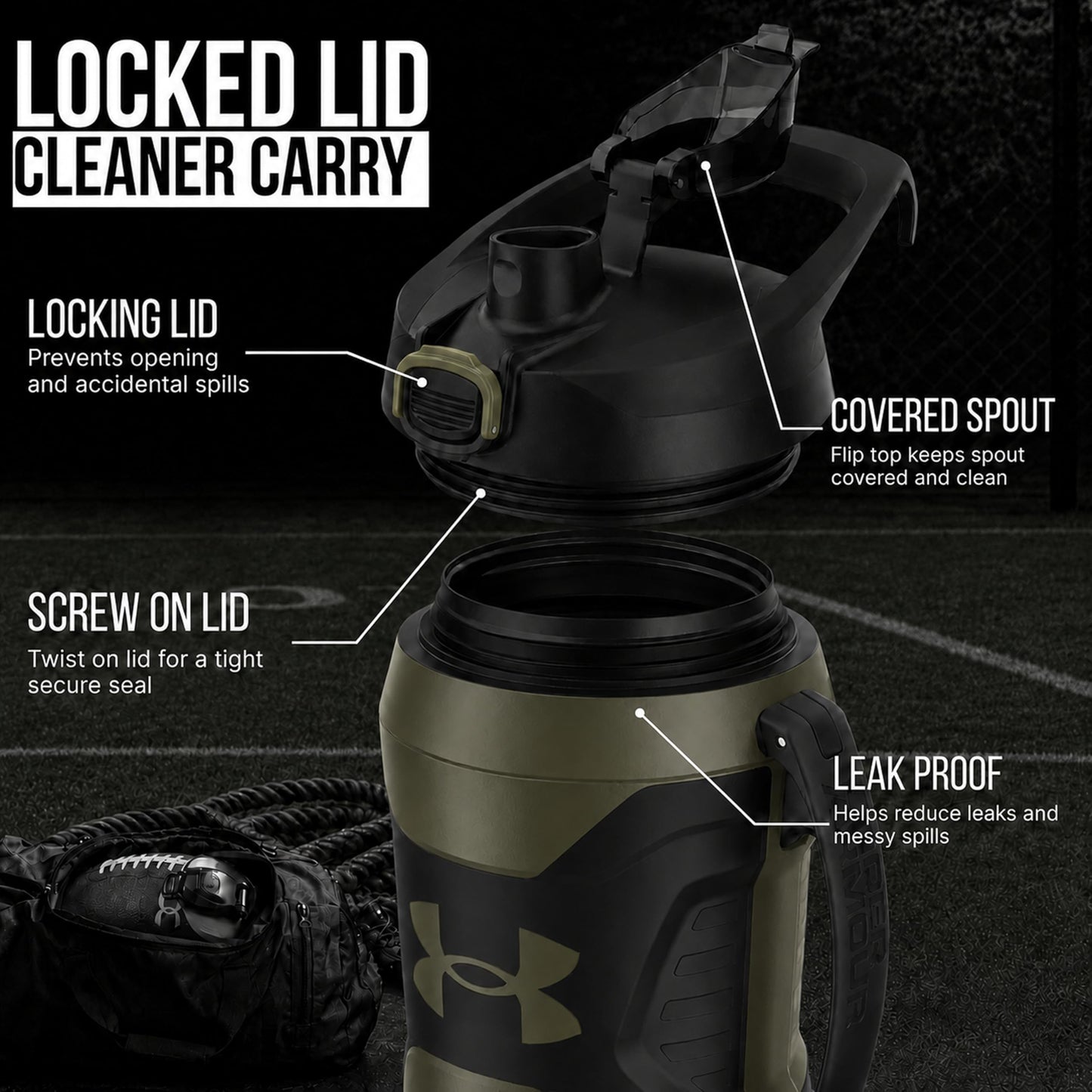 Under Armour Insulated Water Bottle with Handle & Fence Hook, Half Gallon Sports Water Jug, Leak-Resistant & BPA-Free for Baseball, Football & Gym - Black/Black, 64oz
