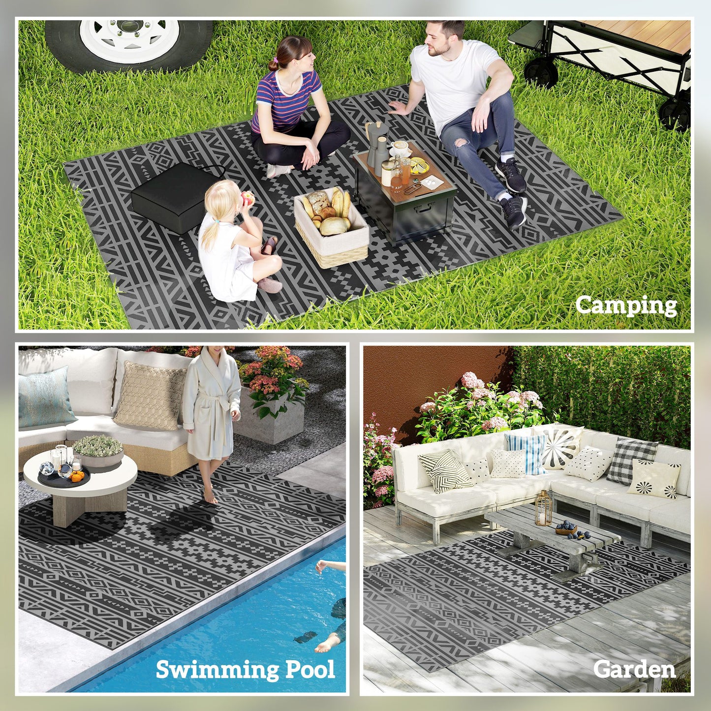 Reversible Outdoor Rug, Waterproof Plastic Straw With Carry Bag, 6 X 9, Black & Gray Geometric Wall