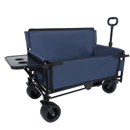 3-in-1 Convertible Folding Wagon Cart With Bench Seat & Rear-Mounted Folding Tabletop -500lbs Heavy-Duty Utility Wagon 180L Capacity All-Terrain Wheels For Camping Beach Sports Garden Dark Blue