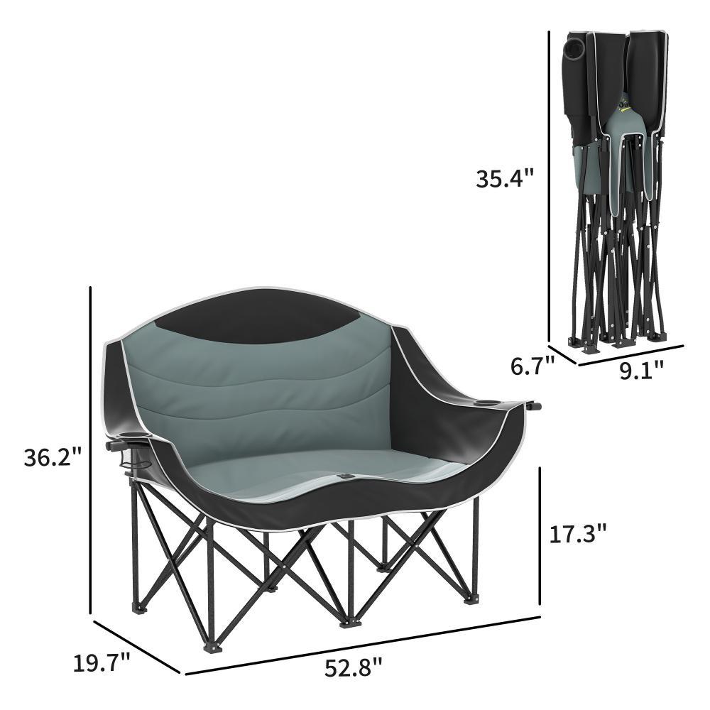 Padded Folding Camp Chair For Adults, Double Camping Chair With Armrests, Cup Holders, Carry Bag For Outdoor, Black