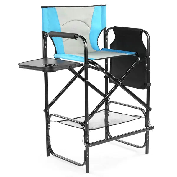 31" Tall Directors Chair With Footrest, 4Portable Bar Height Folding Camping Chair With Built-in Cup Holder, Side Table, Storage Pocket, Blue & Gray