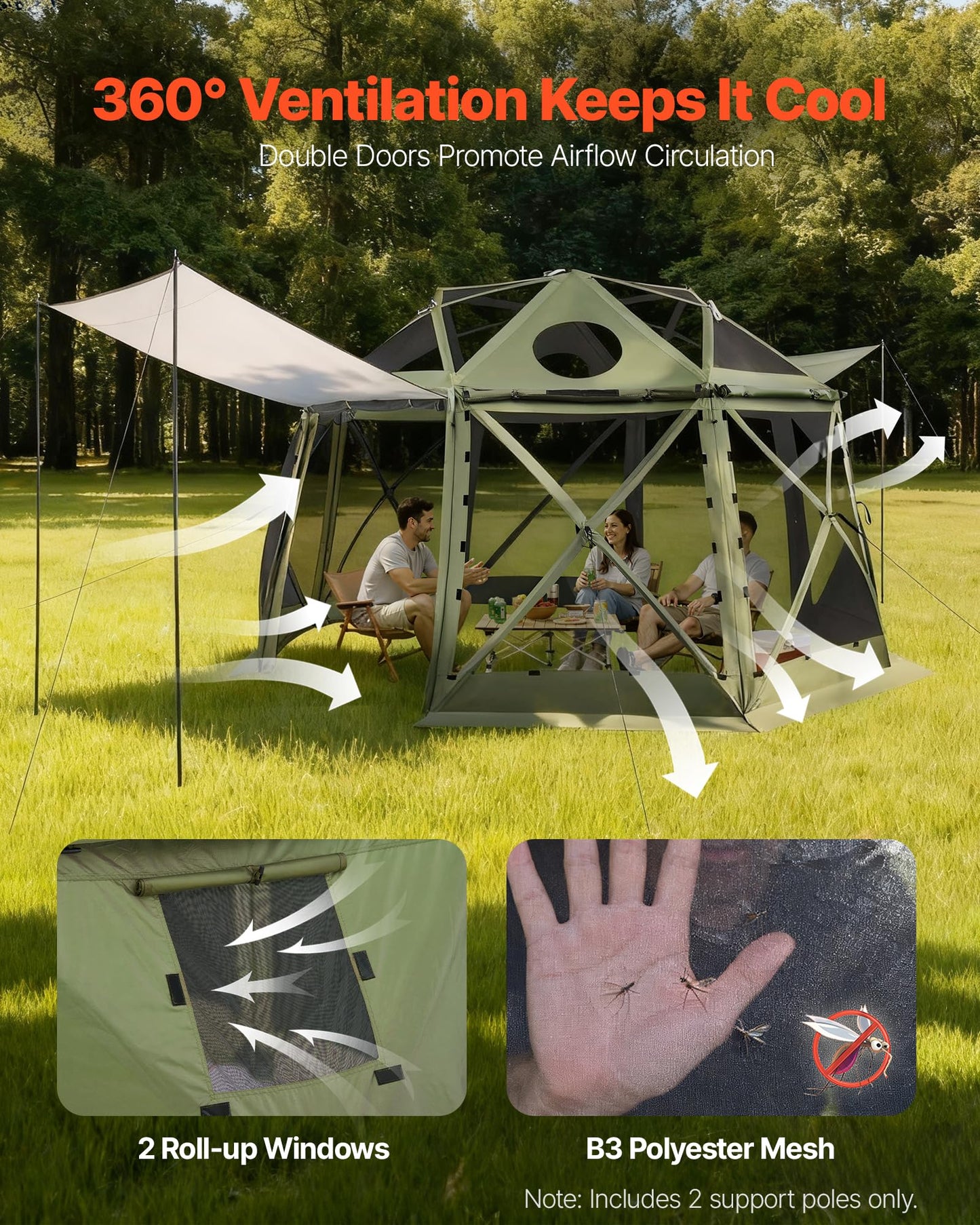 VEVOR Pop Up Gazebo Screen Tent 6 Sided Canopy Sun Shelter with 6 Removable Privacy Wind Cloths & Mesh Windows, 10x10FT Quick Set Screen Tent with Mosquito Netting, Army Green