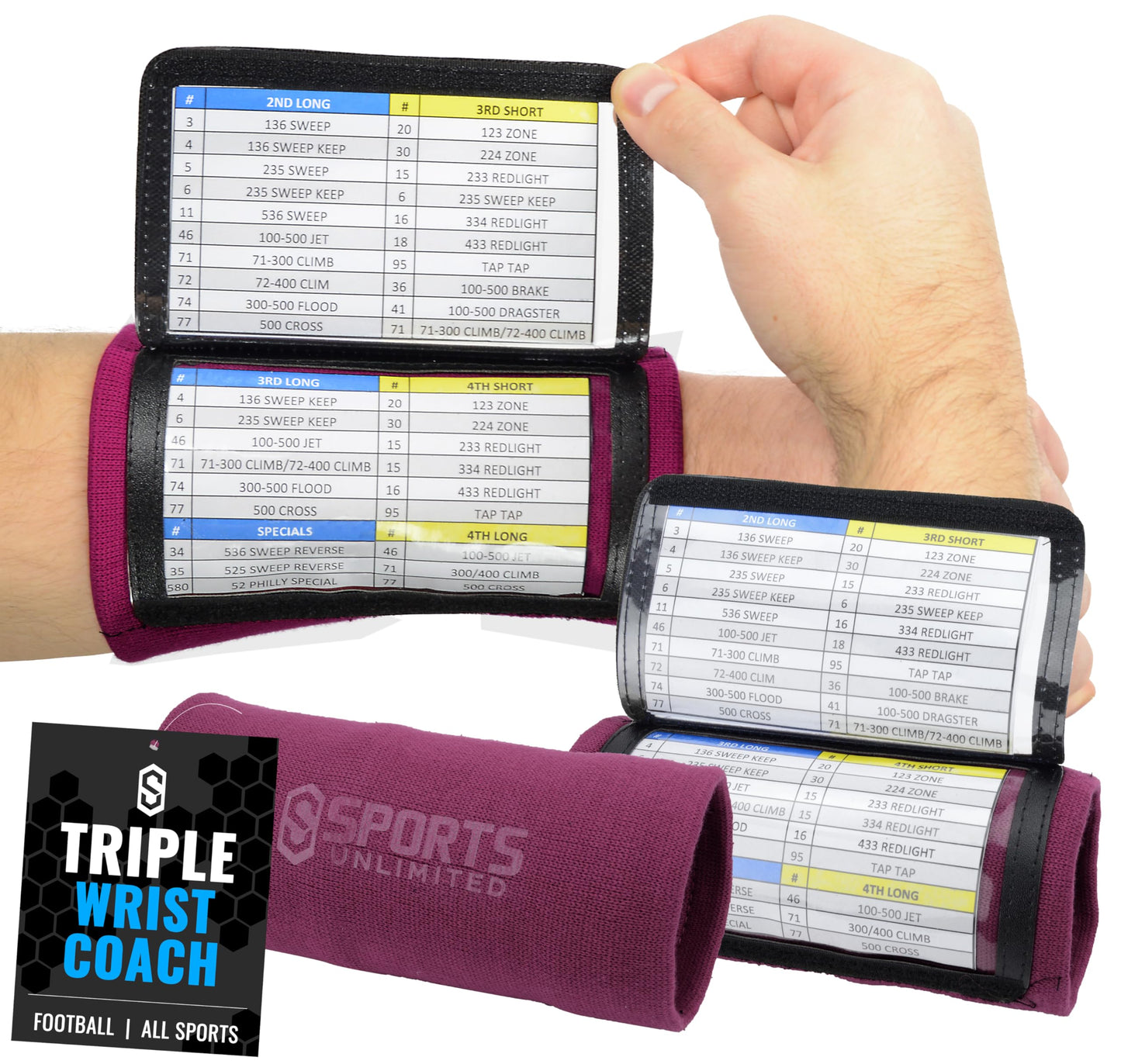 Sports Unlimited Adult Triple Wrist Coach, Football Wristbands for Plays, Baseball Wristbands, QB Arm Bands