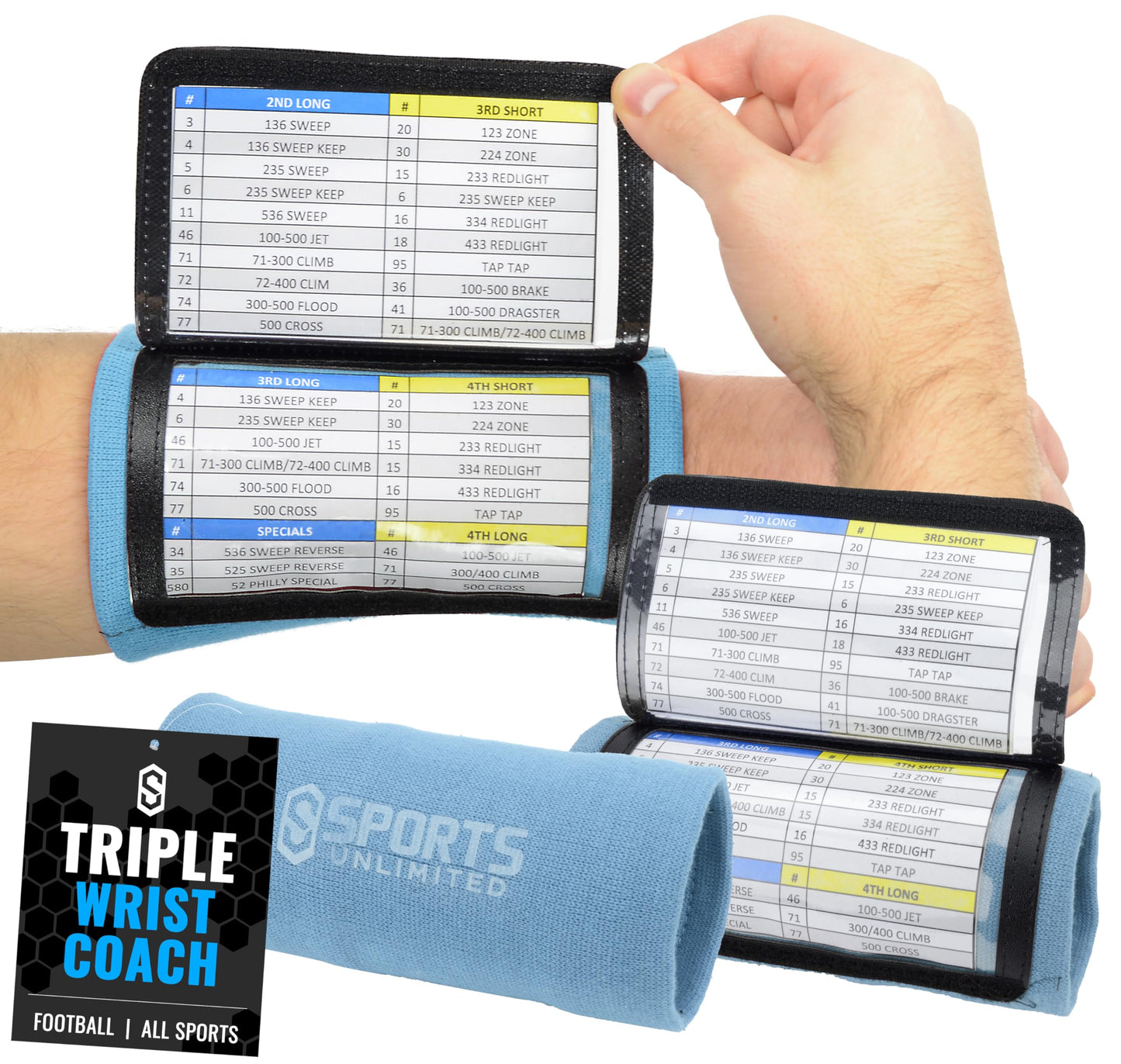 Sports Unlimited Adult Triple Wrist Coach, Football Wristbands for Plays, Baseball Wristbands, QB Arm Bands