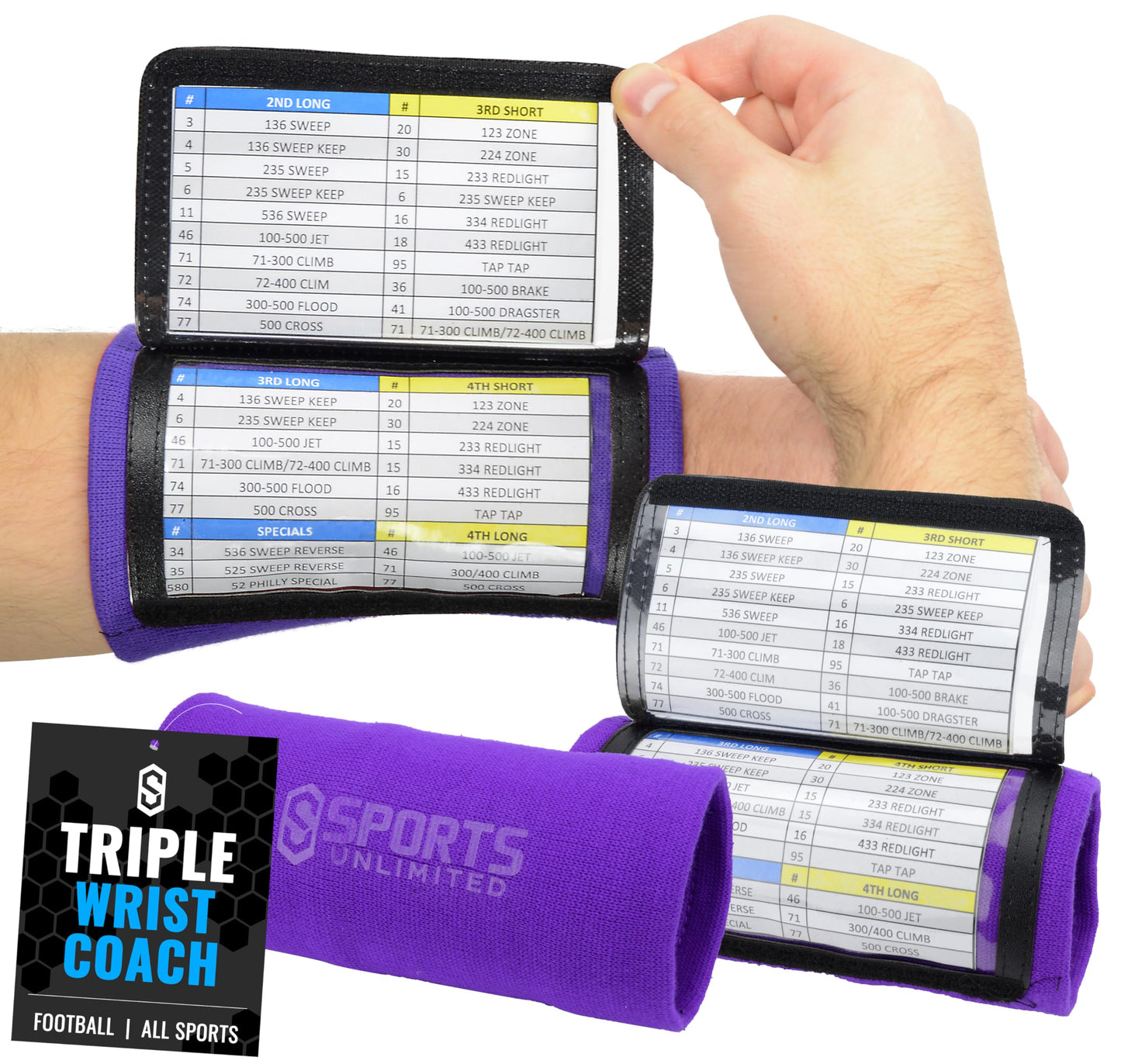 Sports Unlimited Adult Triple Wrist Coach, Football Wristbands for Plays, Baseball Wristbands, QB Arm Bands
