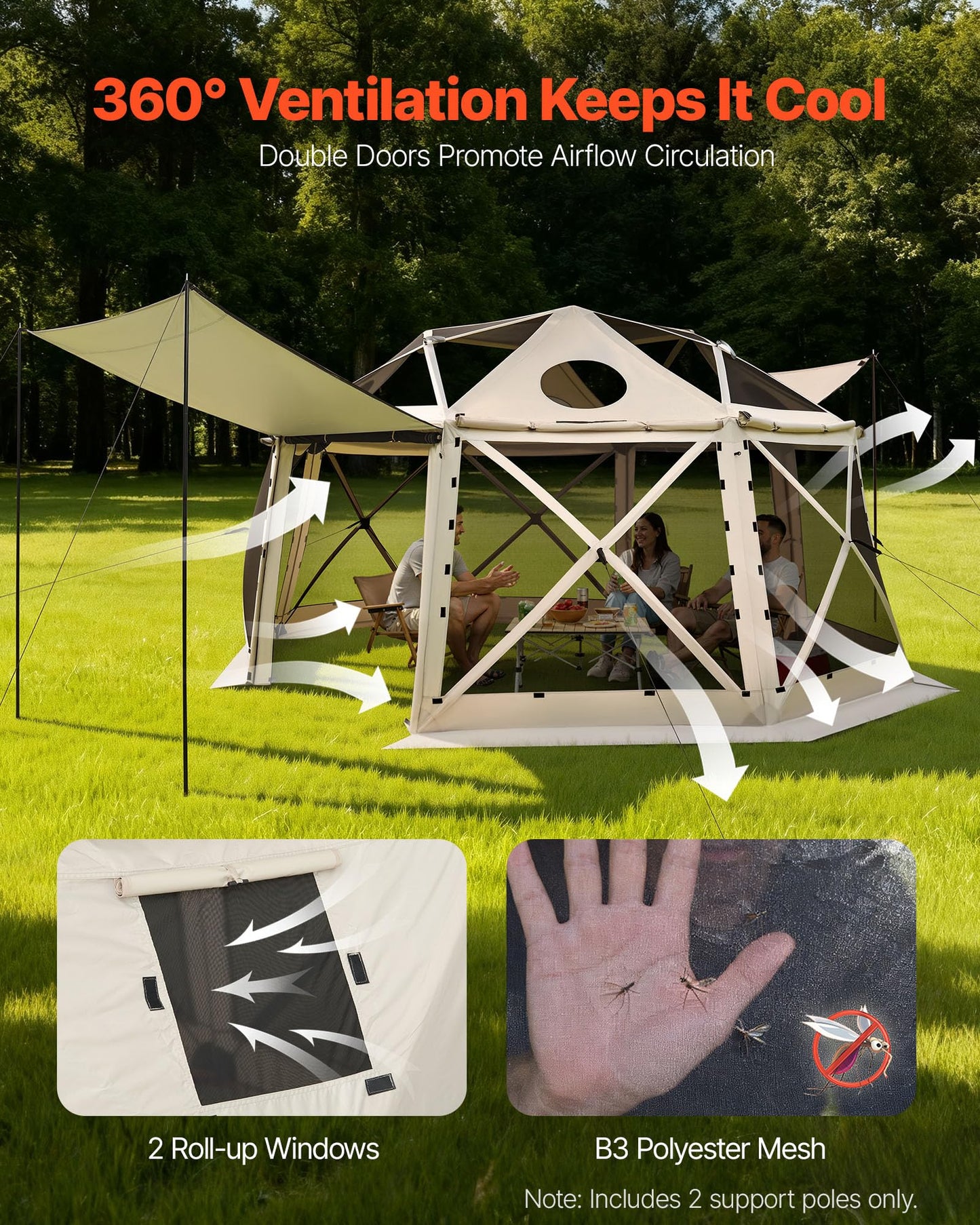 VEVOR Pop Up Gazebo Screen Tent 6 Sided Canopy Sun Shelter with 6 Removable Privacy Wind Cloths & Mesh Windows, 10x10FT Quick Set Screen Tent with Mosquito Netting, Army Green