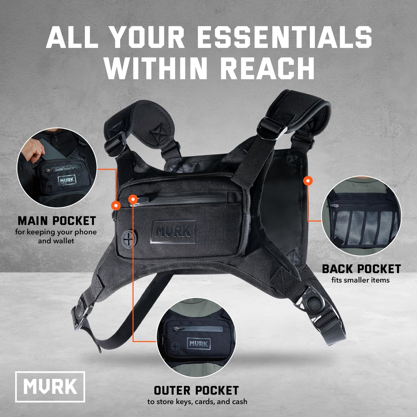 MVRK Water Resistant Running Vest Chest Pack, Phone Holder for Running, Lightweight Training Pack with Reflective Detail