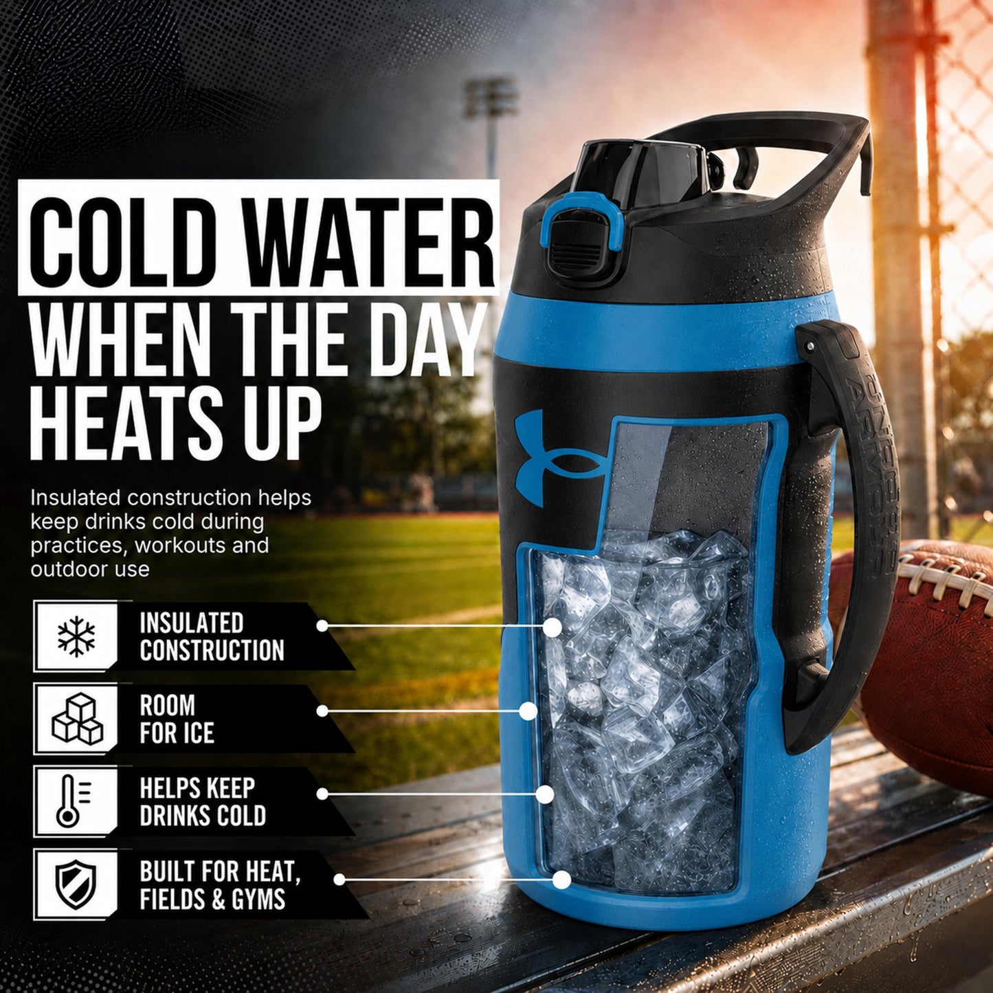 Under Armour Insulated Water Bottle with Handle & Fence Hook, Half Gallon Sports Water Jug, Leak-Resistant & BPA-Free for Baseball, Football & Gym - Black/Black, 64oz