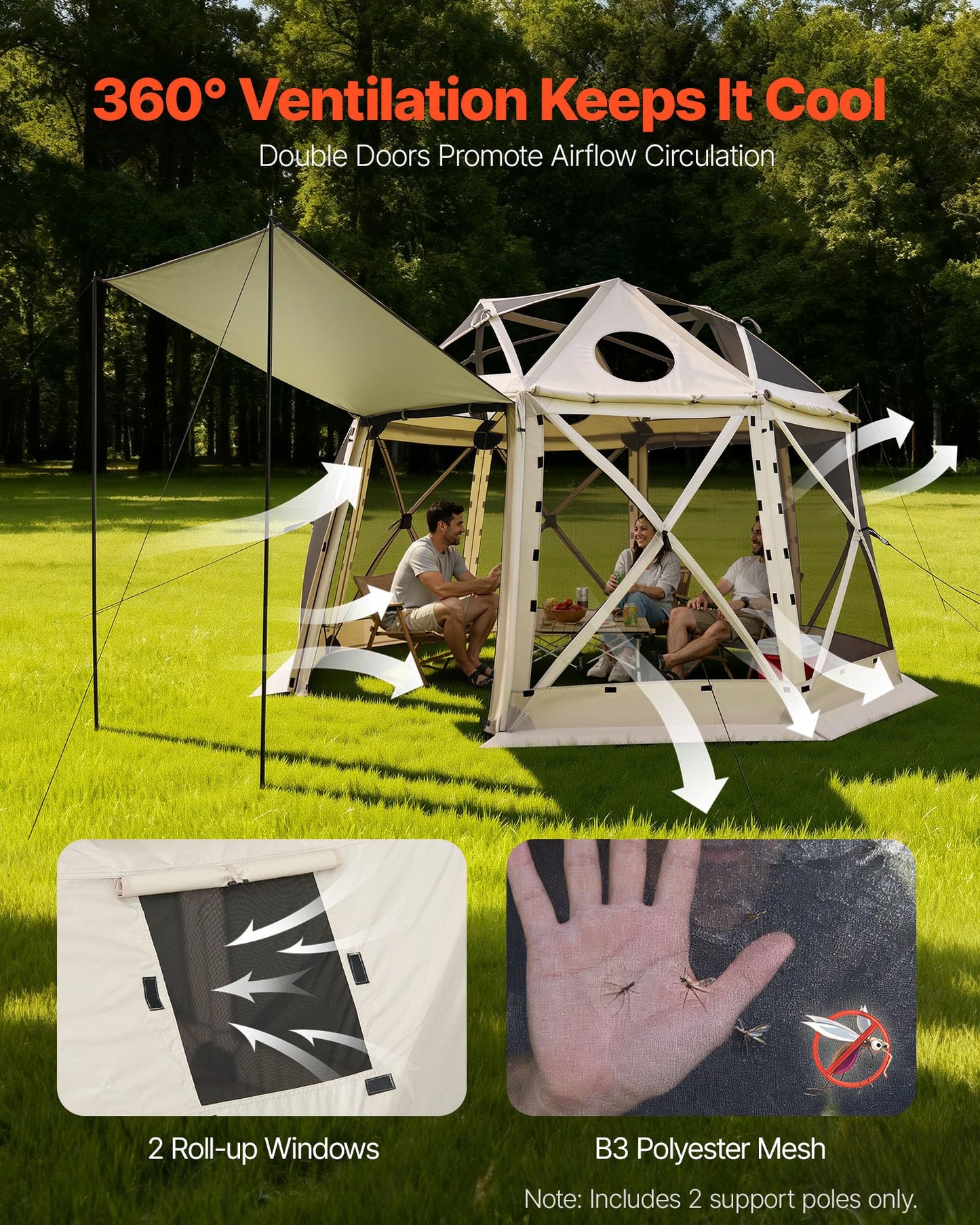 VEVOR Pop Up Gazebo Screen Tent 6 Sided Canopy Sun Shelter with 6 Removable Privacy Wind Cloths & Mesh Windows, 10x10FT Quick Set Screen Tent with Mosquito Netting, Army Green
