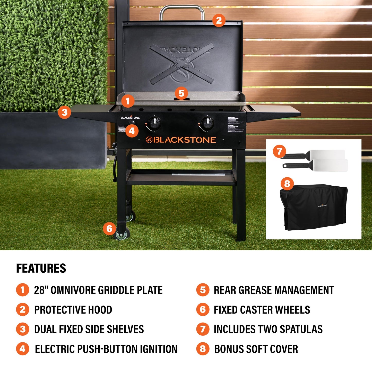 Blackstone 2450AZ 28" Omnivore Griddle with Hood Bundle | Includes 28" Griddle with Hood, Soft Cover, and Two Spatulas
