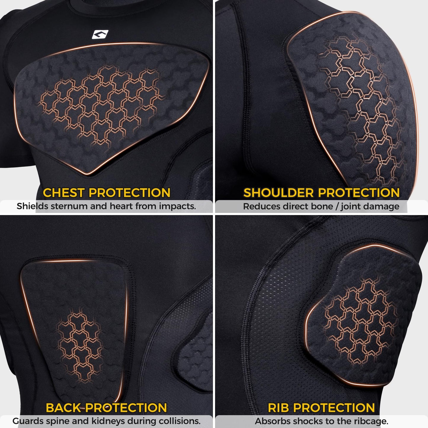 COOLOMG Youth Padded Football Shirt Chest Rib Protector | Football Compression Undershirt Back Protection