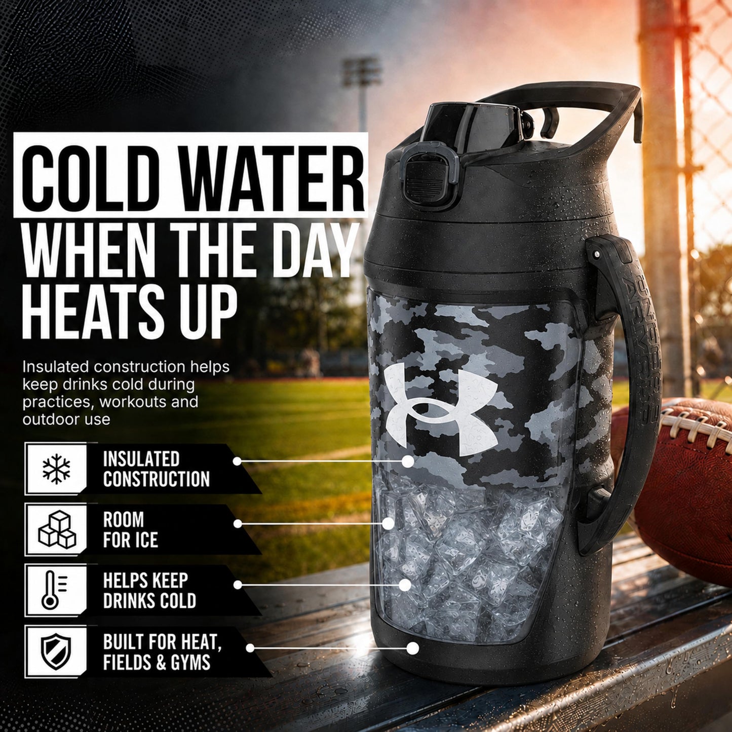 Under Armour Insulated Water Bottle with Handle & Fence Hook, Half Gallon Sports Water Jug, Leak-Resistant & BPA-Free for Baseball, Football & Gym - Black/Black, 64oz