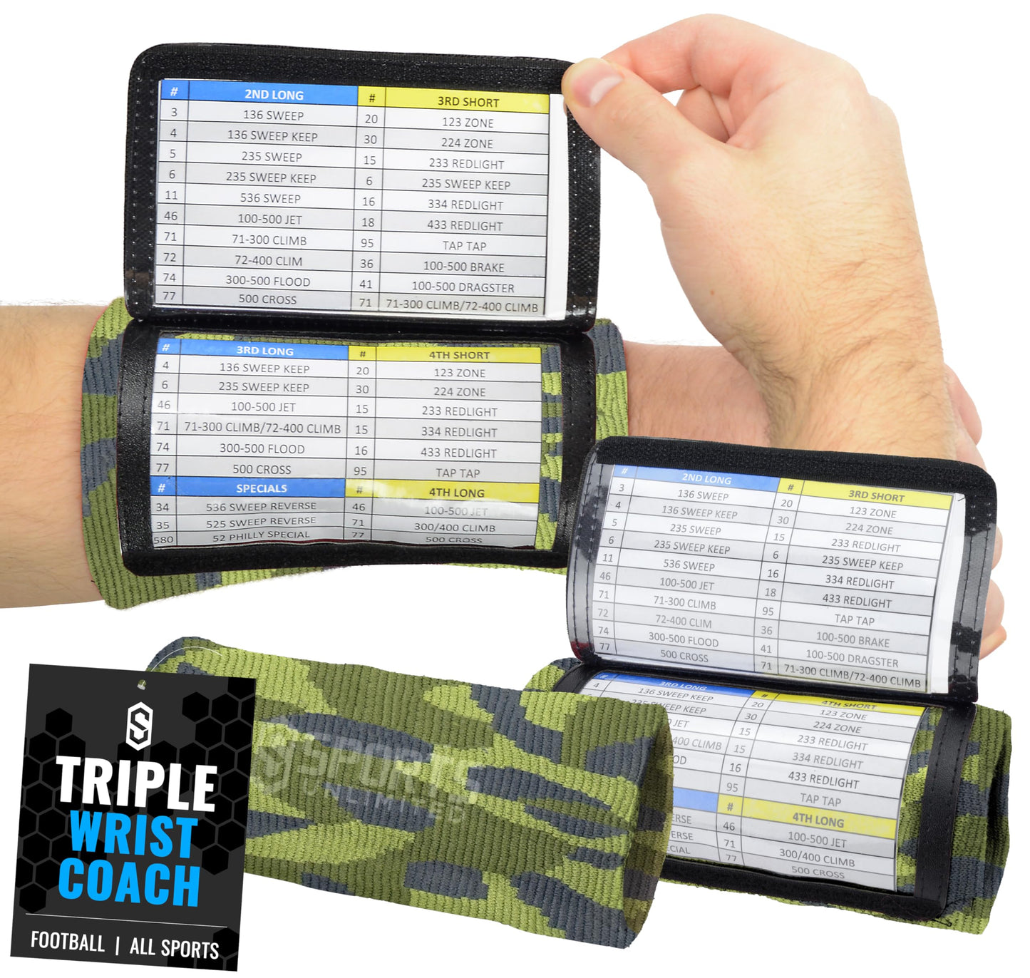 Sports Unlimited Adult Triple Wrist Coach, Football Wristbands for Plays, Baseball Wristbands, QB Arm Bands
