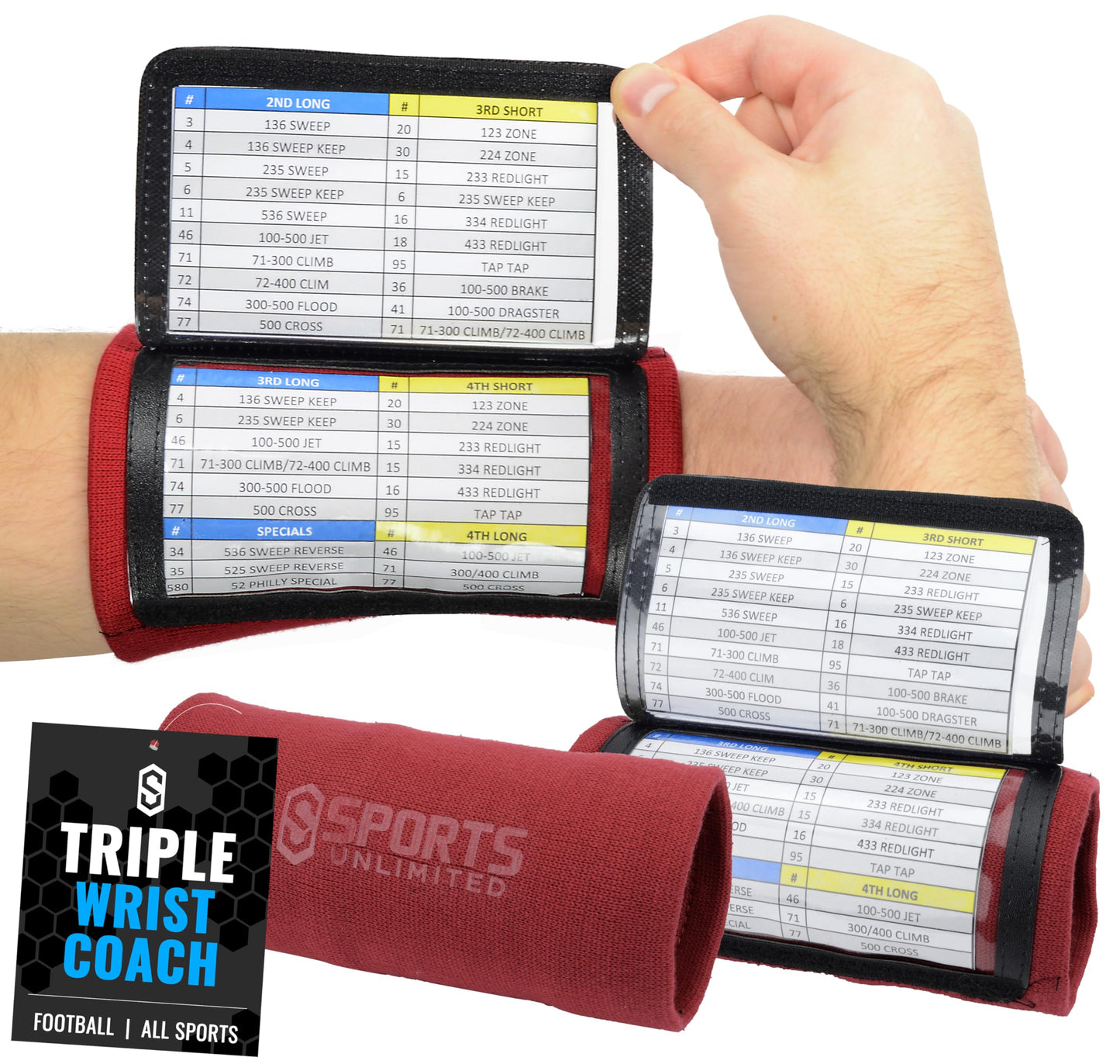 Sports Unlimited Adult Triple Wrist Coach, Football Wristbands for Plays, Baseball Wristbands, QB Arm Bands