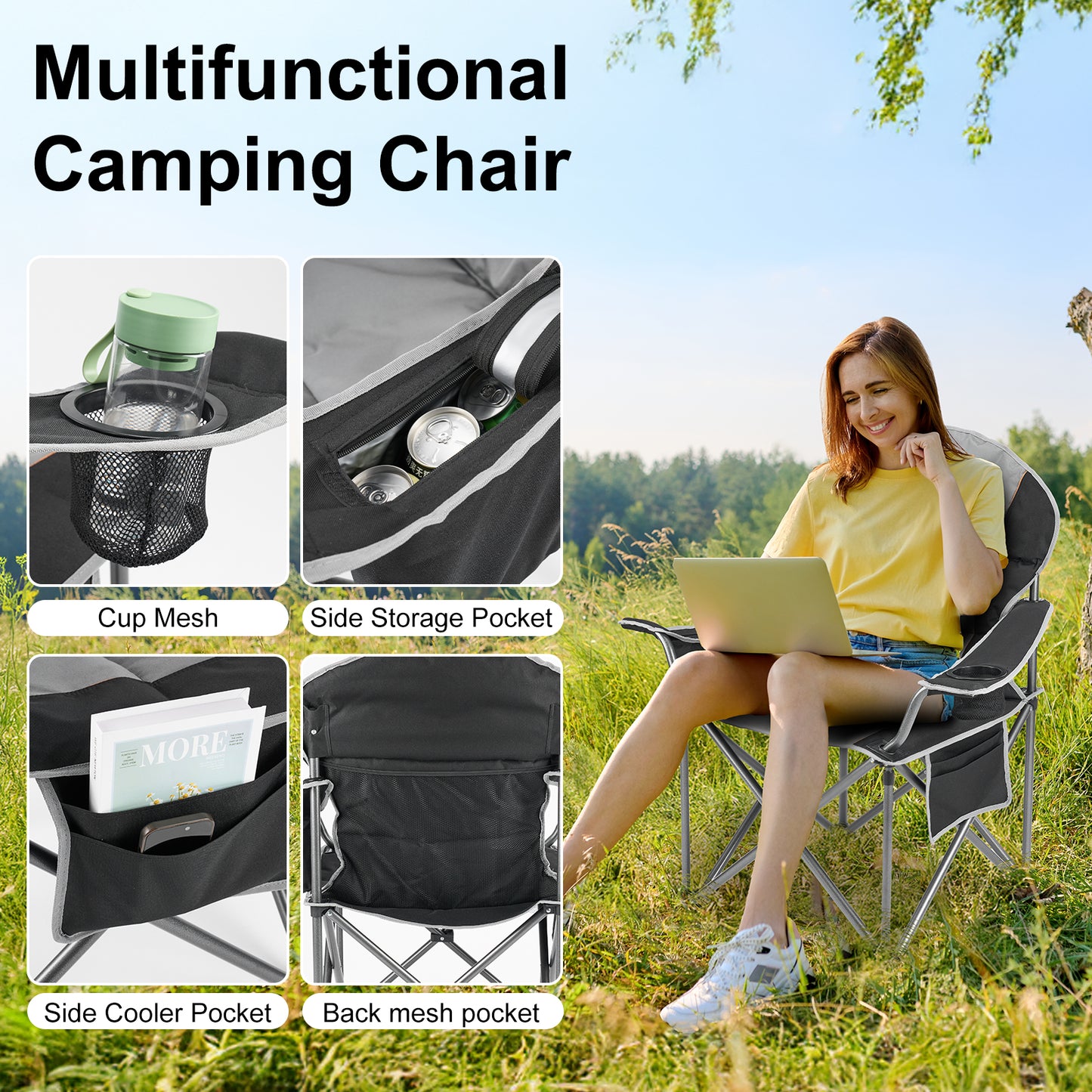 Oversized Camping Folding Chair, Heavy Duty Padded Chair With Cup Holder Storage And Cooler Bag, 5000 LBS Steel Frame, Portable For Outdoor