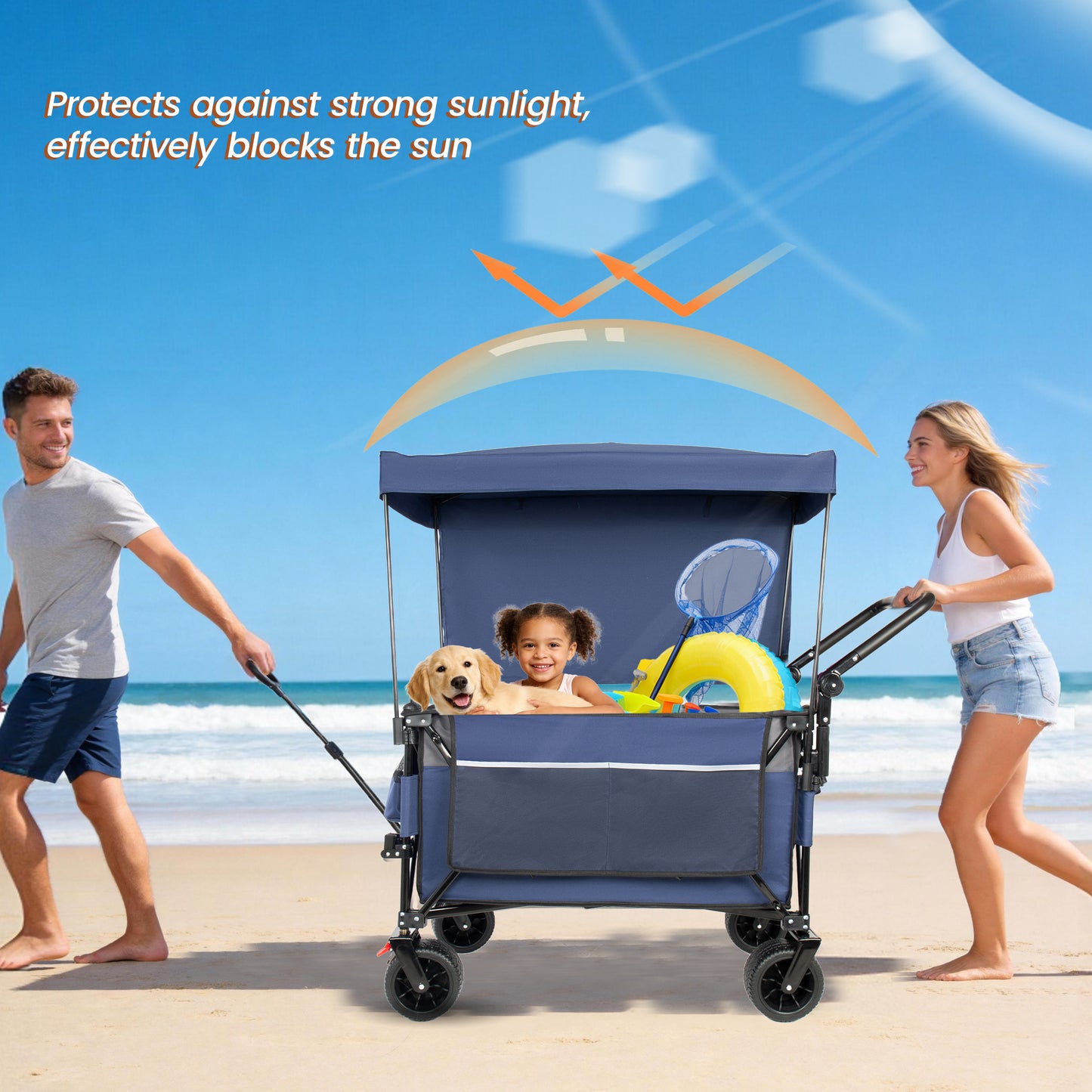 Multi- Functional Push- Pull Folding Wagon Cart With Rotating Handle & Canopy  7 X4 All- Terrain Wheels & Brakes  Load Capacity 480lbs  300L Large Capacity For Transport  Groceries  Outdoor Use  Blue