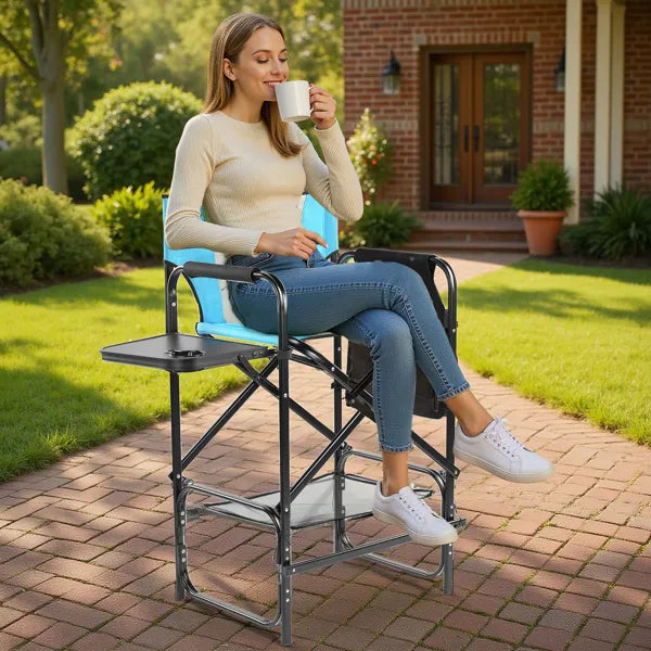 31" Tall Directors Chair With Footrest, 4Portable Bar Height Folding Camping Chair With Built-in Cup Holder, Side Table, Storage Pocket, Blue & Gray