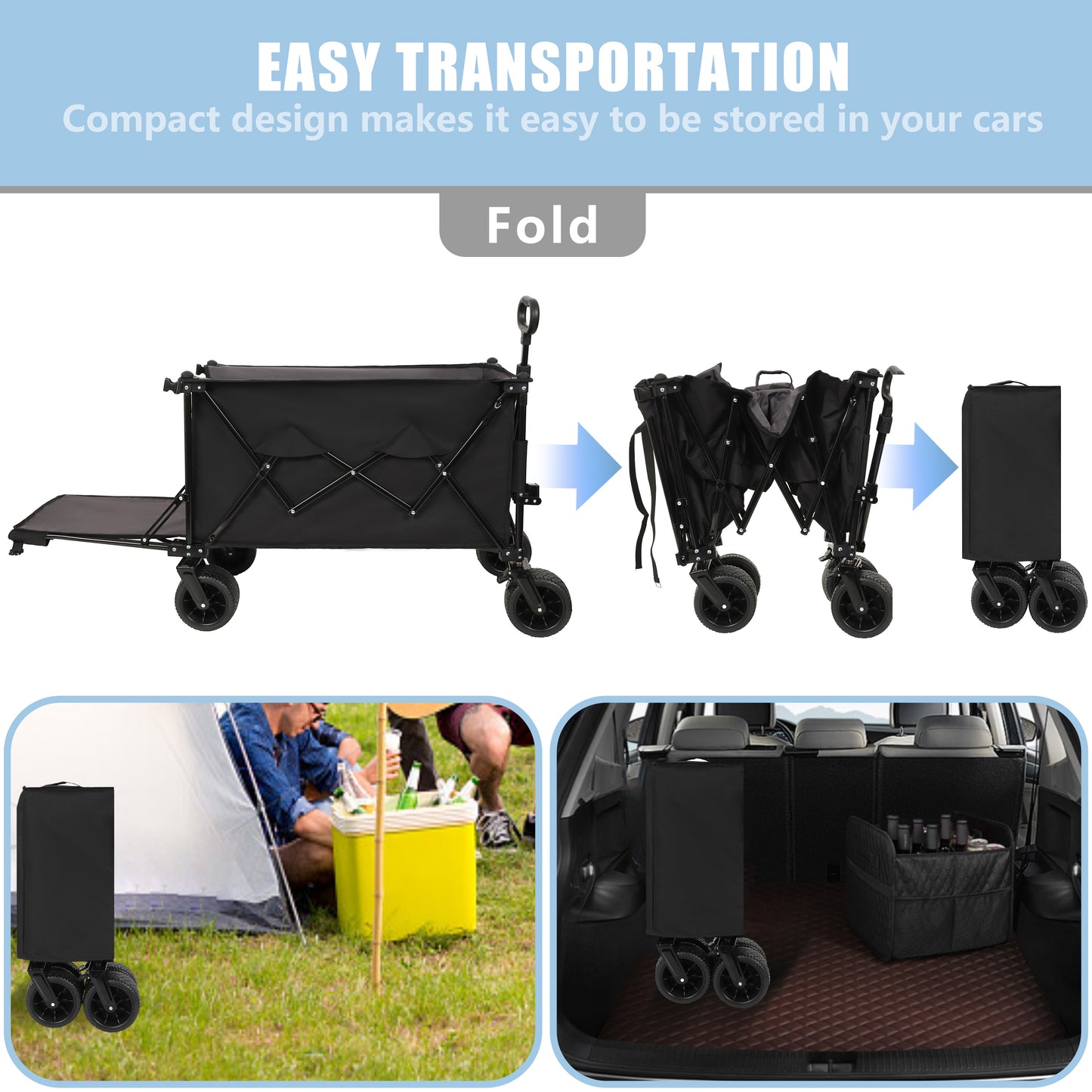 Foldable Wagon With Extended Tailgate  Extra Long Extender Wagon Cart Beach Wagon Cart Heavy Duty 480LBS With Large All- Terrain Beach Wheels  Black-  Gray