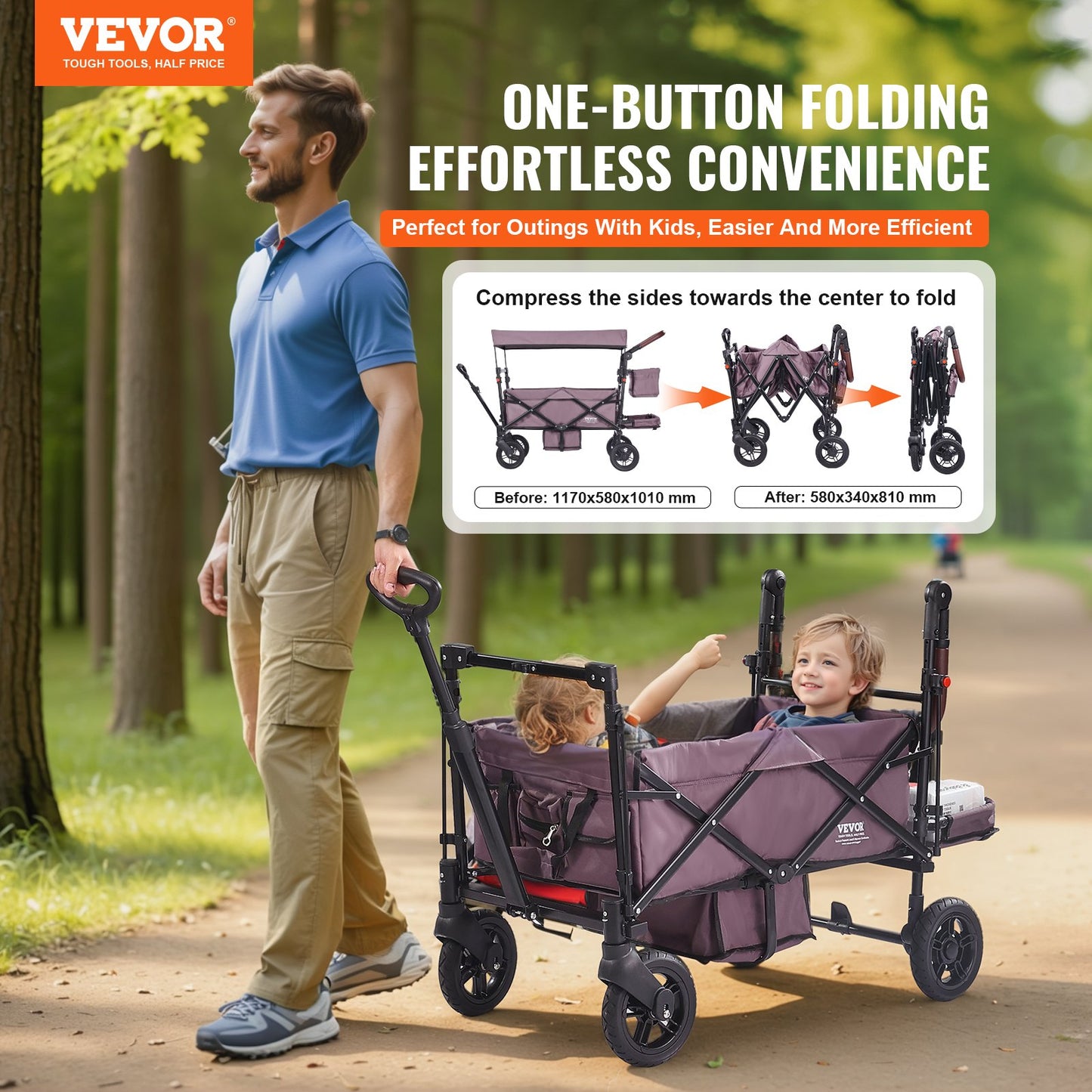 Wagon Stroller For 2 Kids, Push Pull Quad Collapsible Stroller With Adjustable Handle, Encircling Harness Removable Canopy,4 Wheels W/ Brakes,Mutifunction Tandem Stroller For Camping Dark Purple