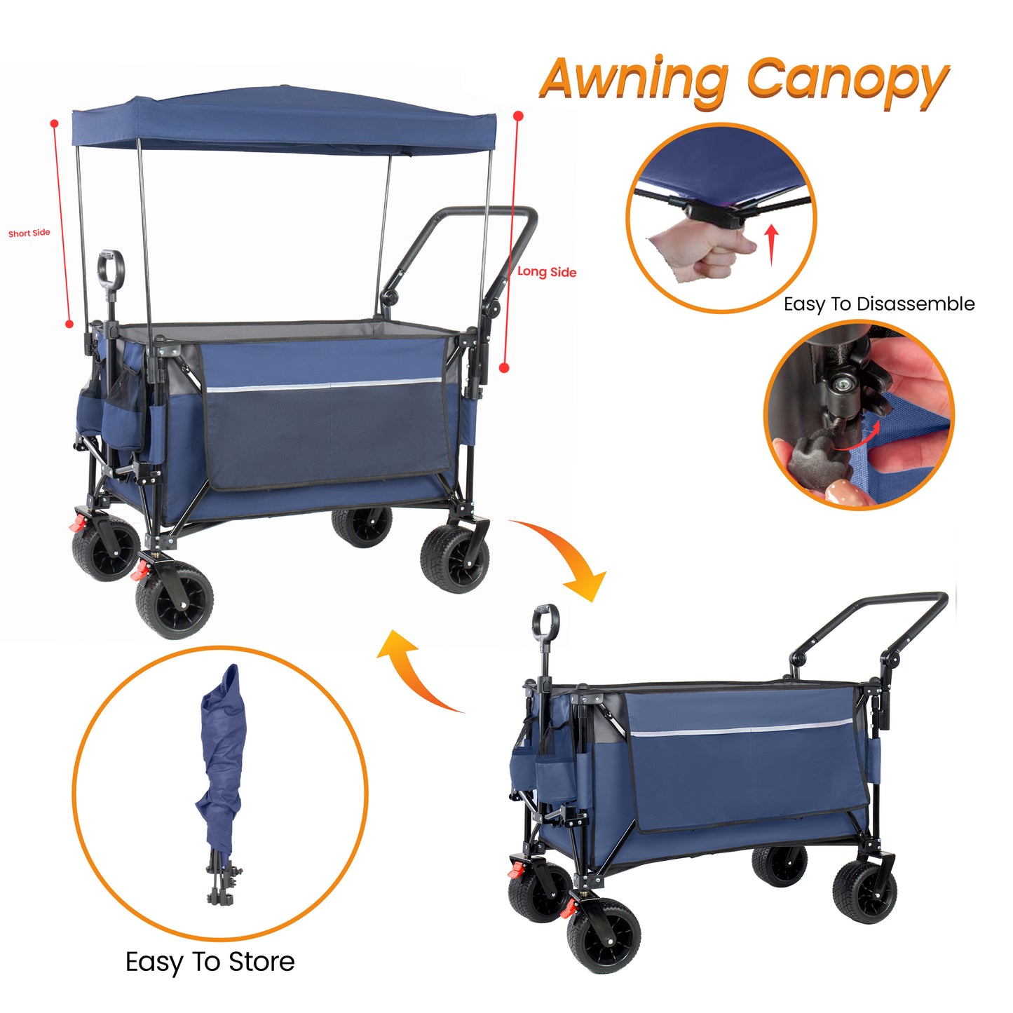 Multi- Functional Push- Pull Folding Wagon Cart With Rotating Handle & Canopy  7 X4 All- Terrain Wheels & Brakes  Load Capacity 480lbs  300L Large Capacity For Transport  Groceries  Outdoor Use  Blue