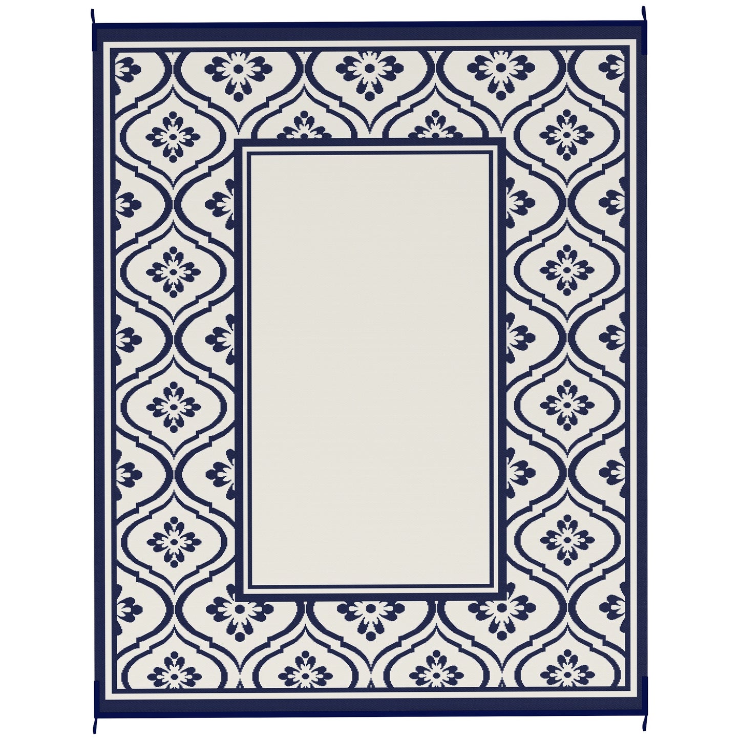 Reversible Outdoor Rug, Waterproof Plastic Straw with Carry Bag, 8' x 10', Blue & White Gourd Border